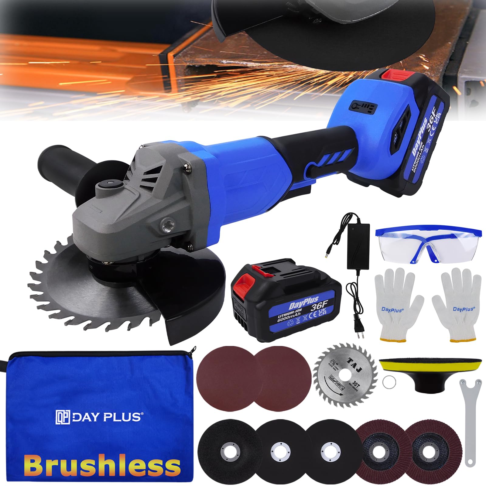 Angle Grinder Cordless with Battery 6.0Ah, 21V Brushless Cordless Grinder Tool 10000RPM with 5Pcs 115mm Grinder Disc & 1Pc 115mm Circular Wood Saw Blade & Side Handle for Grinding Cutting Polishing