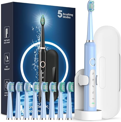 Cepillo de dientes eléctrico Sonic para adultos, cepillo de dientes eléctrico recargable con 8 cabezales de cepillo y estuche de viaje,
