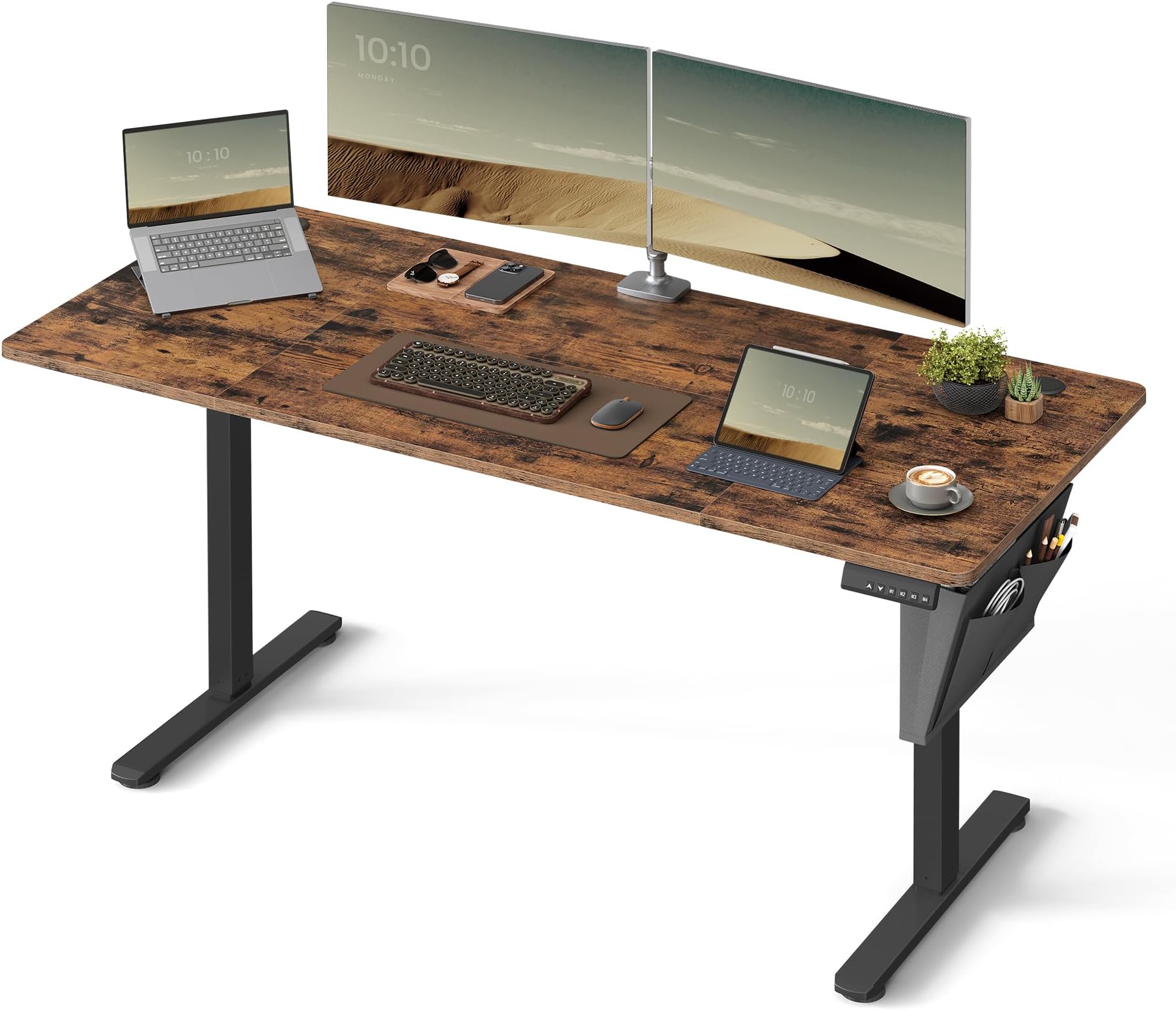 VASAGLE Electric Standing Desk, Height Adjustable Desk, 70 x 160 x (72-120) cm, 4 Memory Heights, Storage Pocket, for Home Office, Study, Rustic Brown and Ink Black LSD136K02