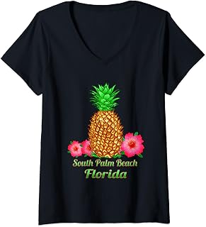 Womens South Palm Beach Florida Pineapple Floral V-Neck T-Shirt