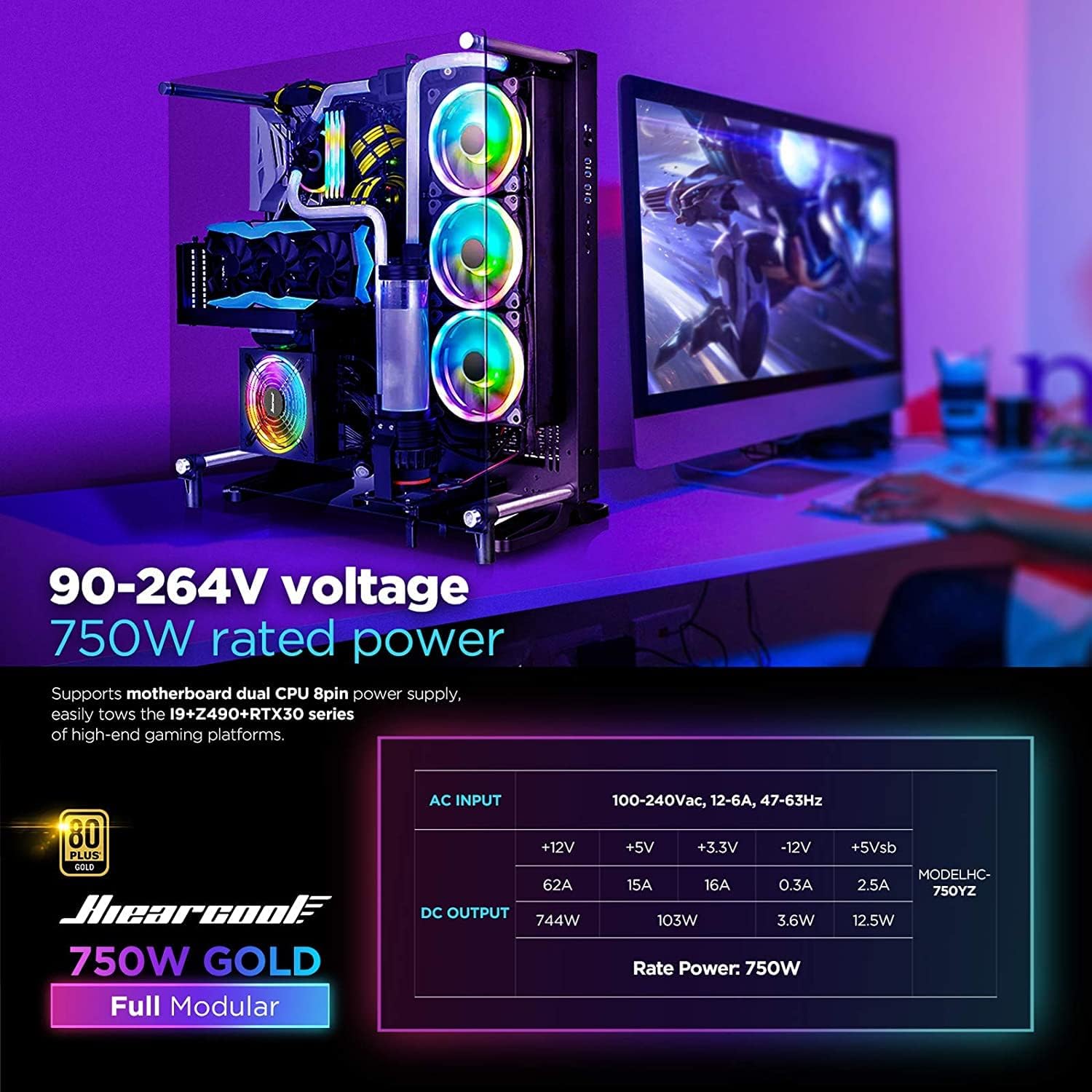 Computer Power Supplies 750W, RGB Power Supply Fully Modular 80+ Gold PSU, Addressable RGB Light Power Supply for Gaming PC