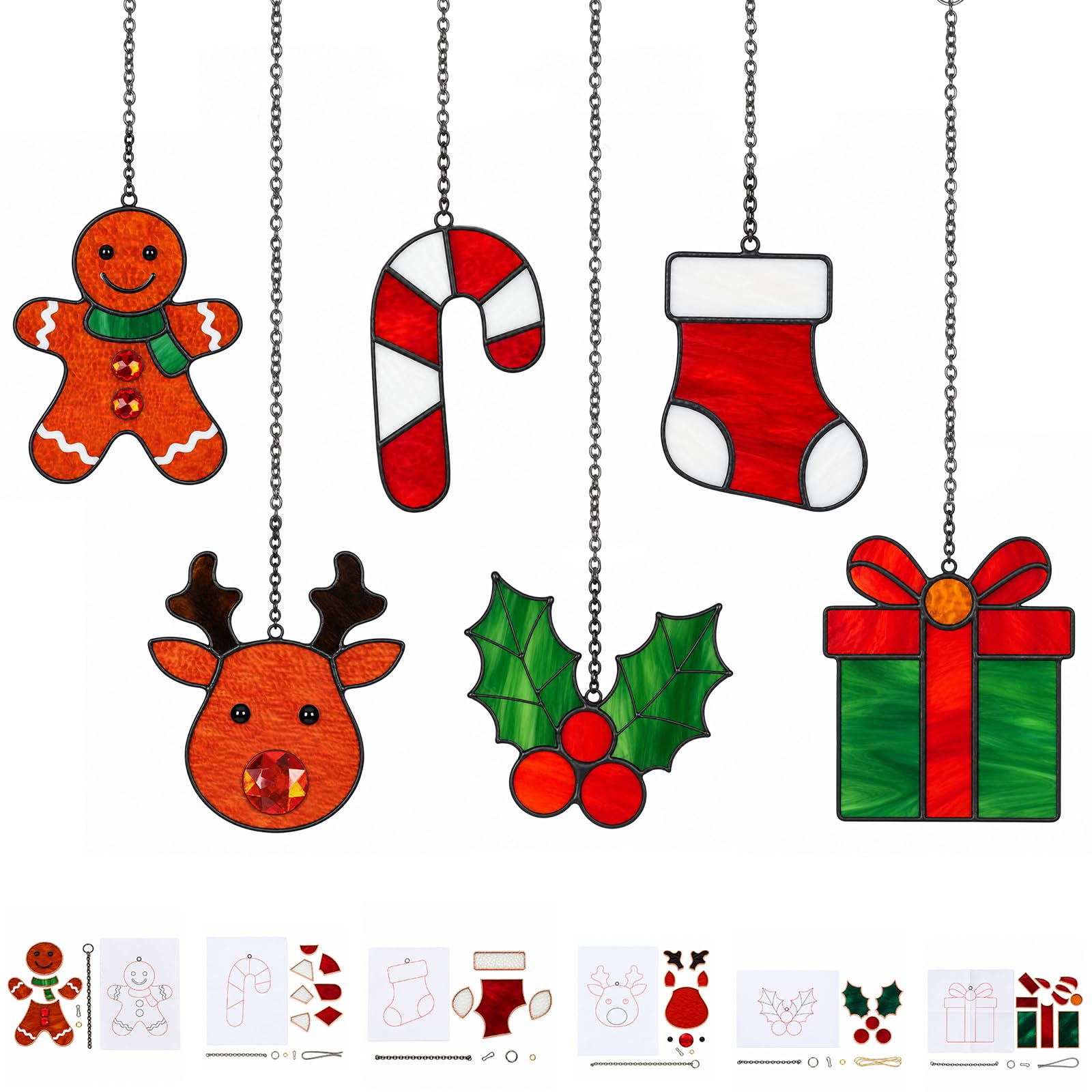 Vorgefaltetes vorgeschnittenes Buntglas-Set, DIY-Weihnachtsdekoration, Buntglas-Sonnenfänger, unlackierte Zuckerstangen, Schachteln, Fensterdekoration, mit Anleitung (evtl. nicht in deutscher Sprache)