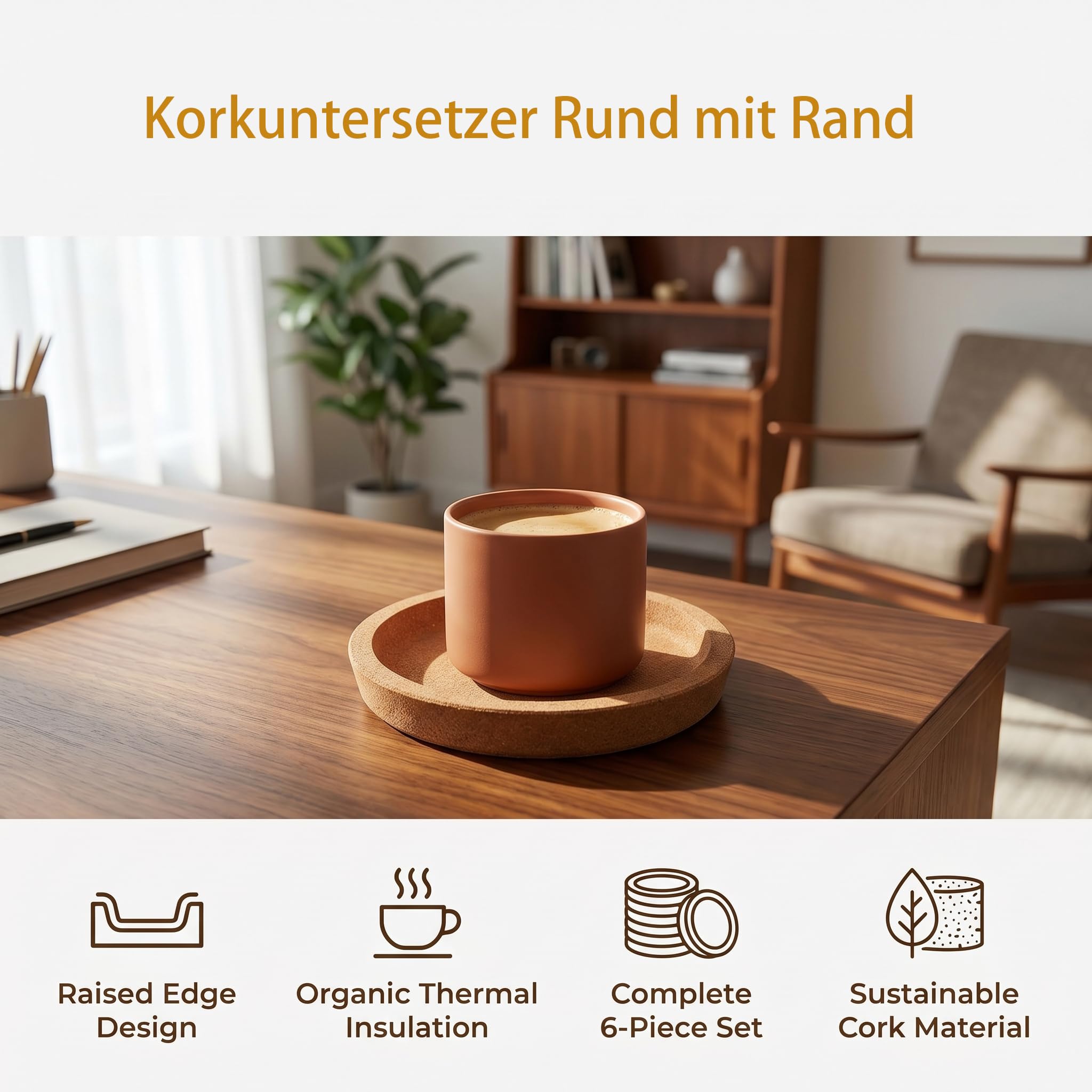 Korkuntersetzer Rund mit Rand, 6 Stück 10cm Kork-Untersetzer Absorbierende HitzebestäNdige, Holzuntersetzer für Gläser Tassen Vasen, Tassenuntersetzer für Hause Büro
