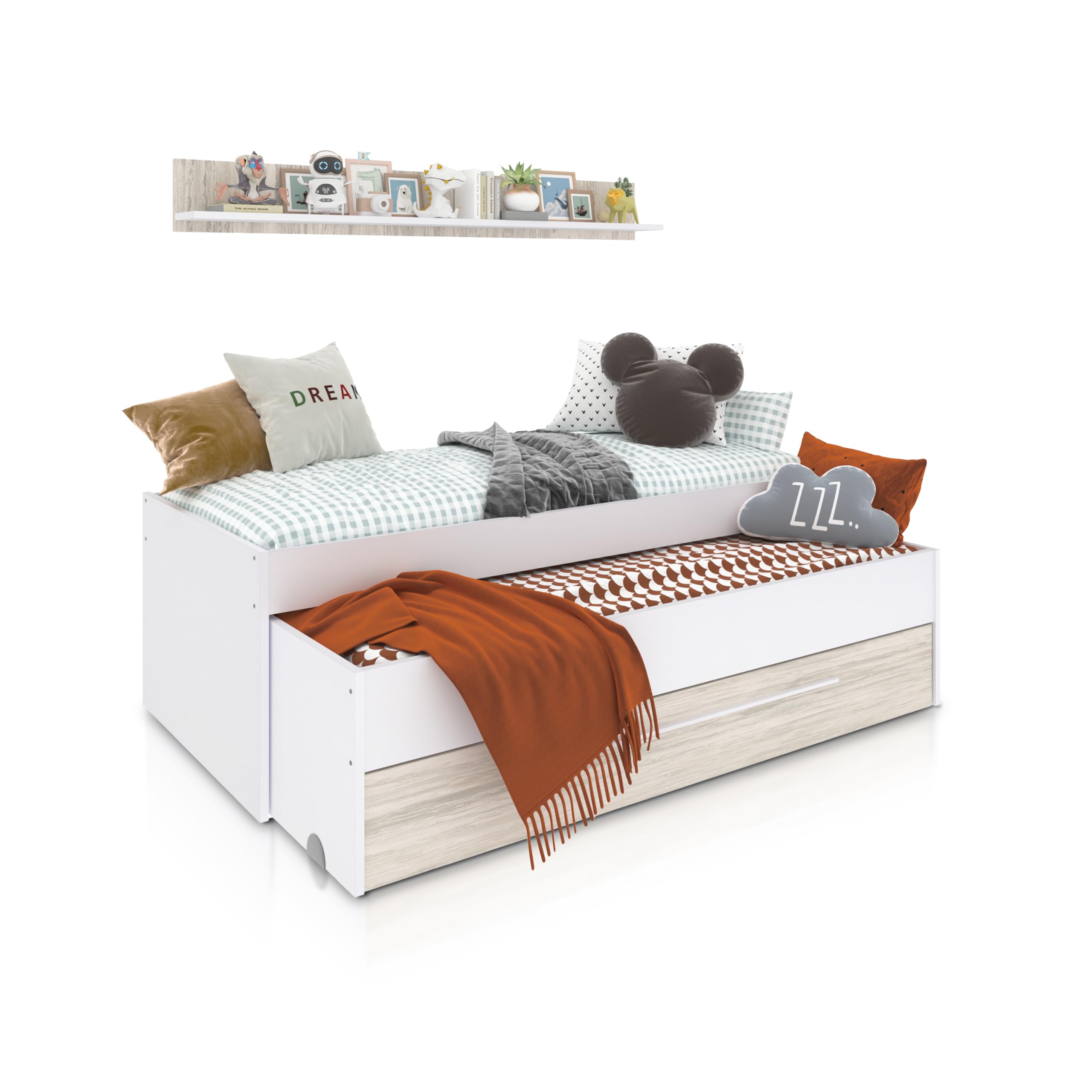 Cama Nido Juvenil 2 Camas Cajon Estante Modelo Nuit Blanco 199x96x65 cm