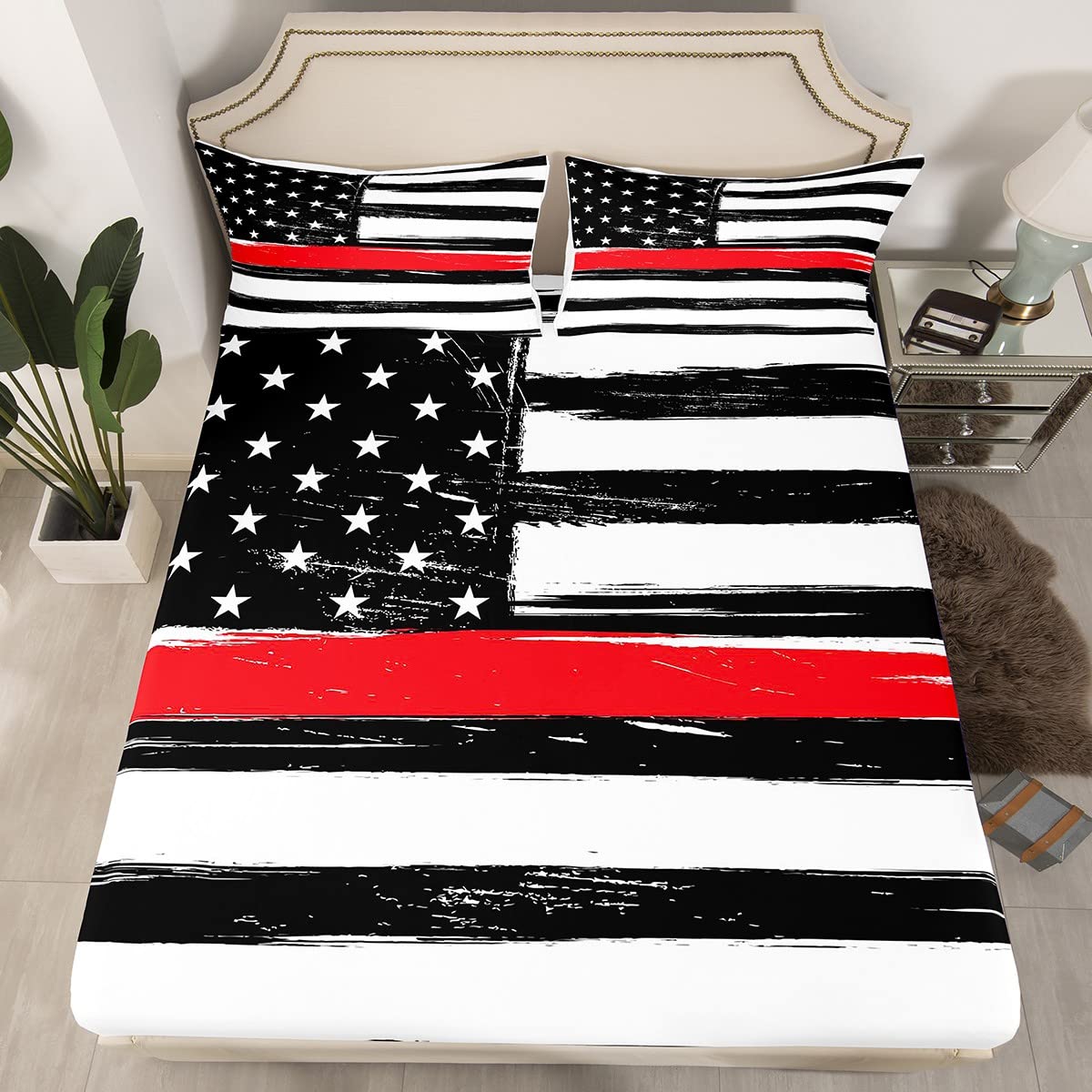 American Flag Fitted Sheet for Girls Boys Kids USA Flag Bedding Set Geometric Stripes Bed Sheet Set Black White Red Line No Flat Sheet Double Size 3Pcs