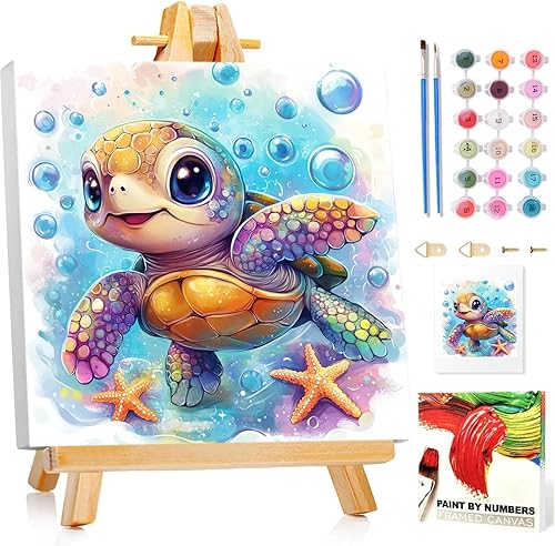 Mandun Paint by Numbers Kit for Kids with Frame, Sea Turtle Paint by Numbers for Kids Ages 4-8-12, DIY Turtle Acrylic Oil Painting for Home Wall Art Decor Gift 7.8x7.8 inch (with Frame Easel)