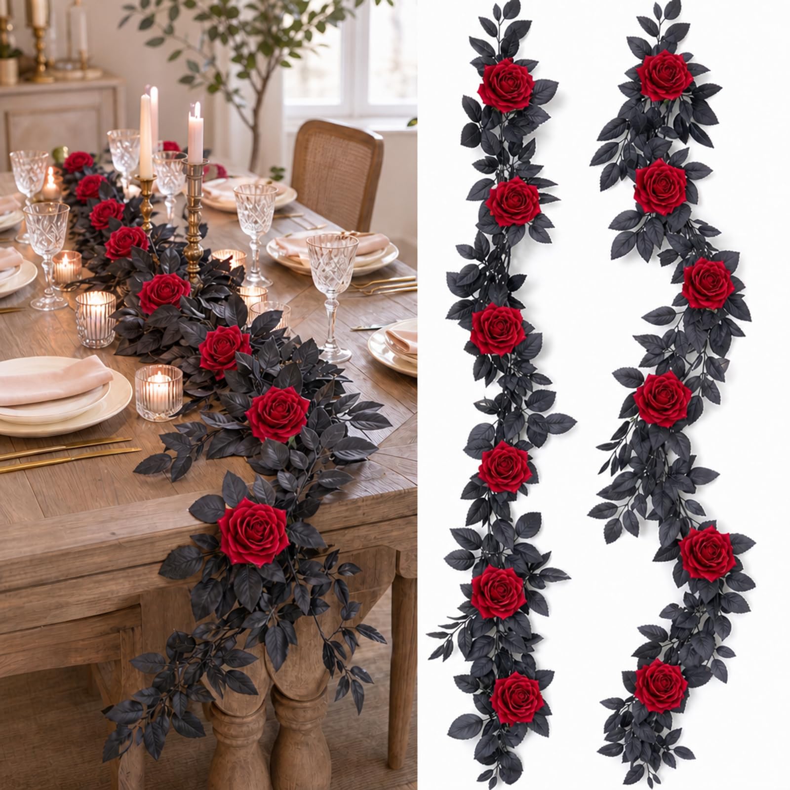 Photo 1 of Koilnmt 6FT Artificial Eucalyptus Garland with Red Roses