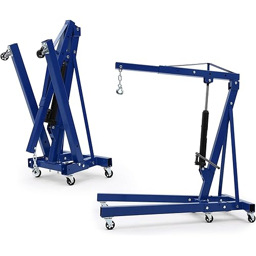 Engine Hoist 2 Ton, Foldable Hydraulic Shop Crane with Telescopic Boom & 6 Swivel Casters, Heavy Duty Engine Cherry Picker for Lifting Motor, Transmission in Garage Workshop (Blue)