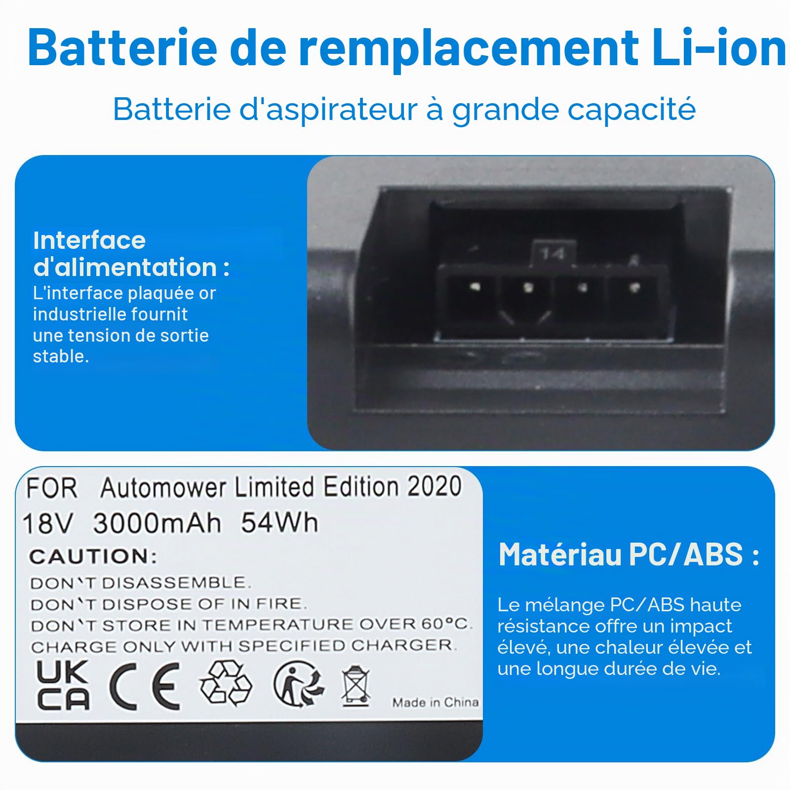 Batterie 18 V compatible avec Husqvarna Automower 115H 2020, 320, 330X, 420, 520, 315X, Gardena Sileno City 250, 750, Gardena Sileno City 500, 1000, 400, Sileno City 2019, 3000 mAh