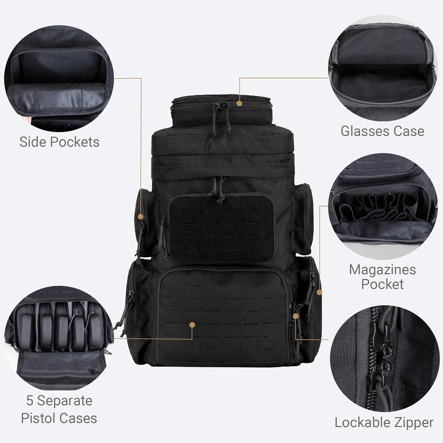 MGFLASHFORCE Tactical Range Backpack for handguns,Laser-Cutting Modular Gun Backpack with 5 Pistol Cases for Hunting and Shooting - Image 3