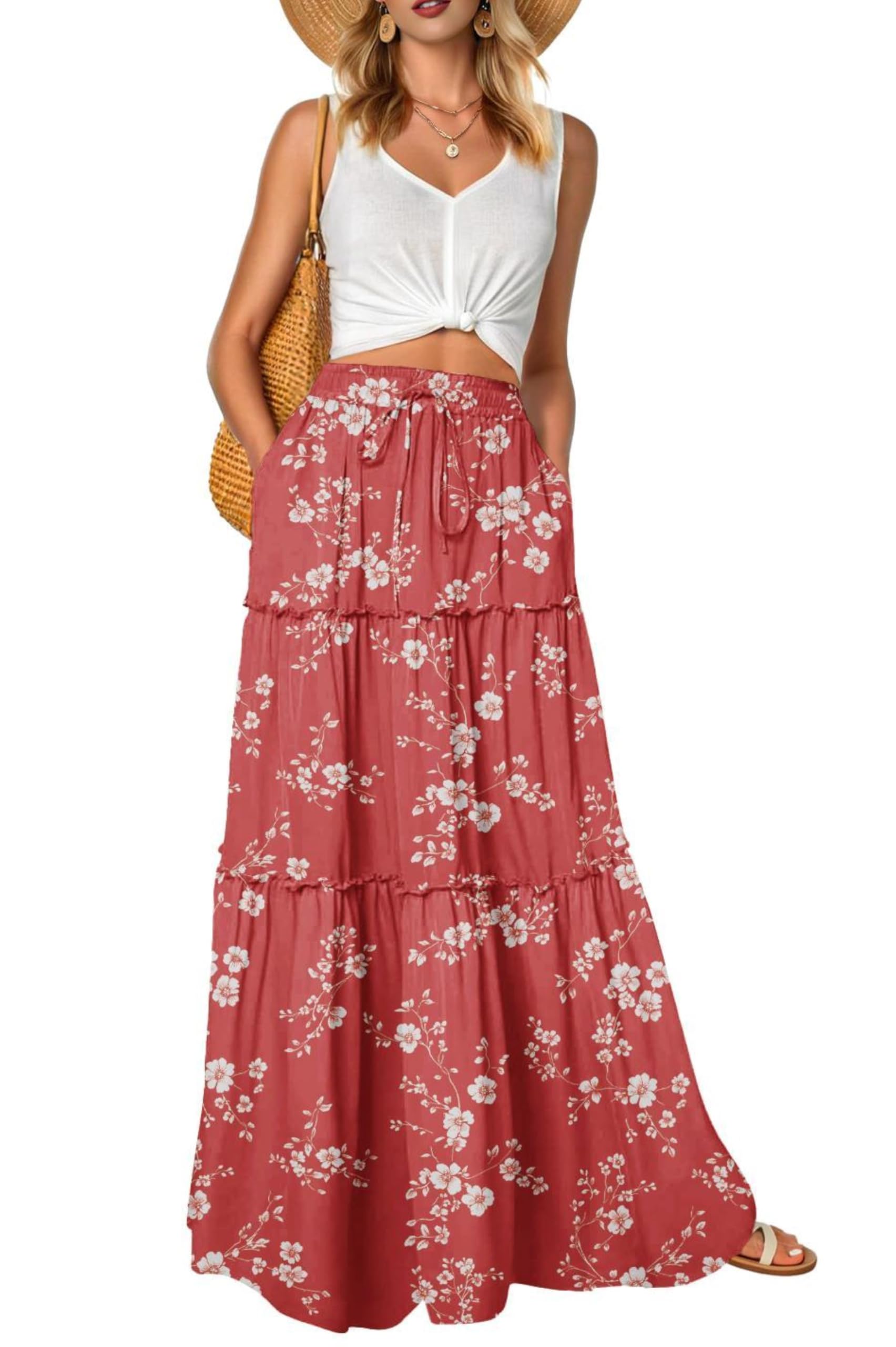 QIXING Damen Maxirock Sommer Boho Blumen Muster Hohe Taille Elastischer Bund Langer Fließender Rock mit Taschen Stufenrock Elegant Luftig