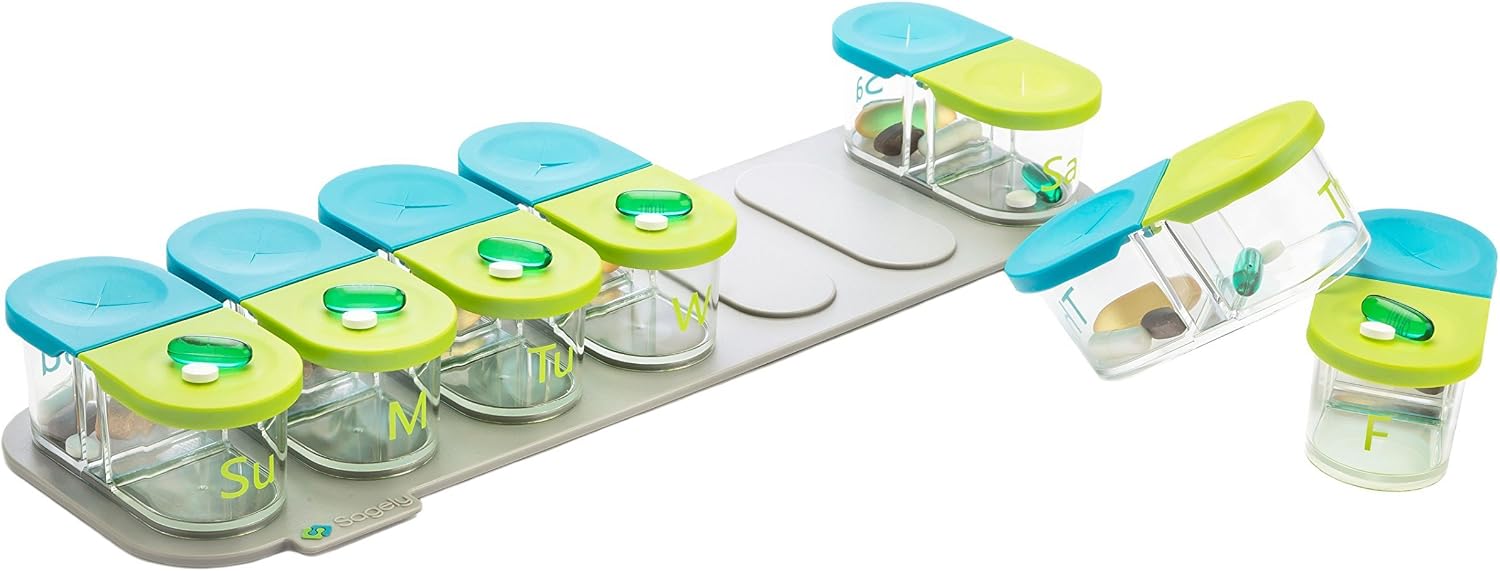 Sagely Smart Weekly Pill Organiser - Sleek Am/Pm Twice A Day Pill Box with 7 Day Travel Containers and Reminder App Blue/Green - Image 4