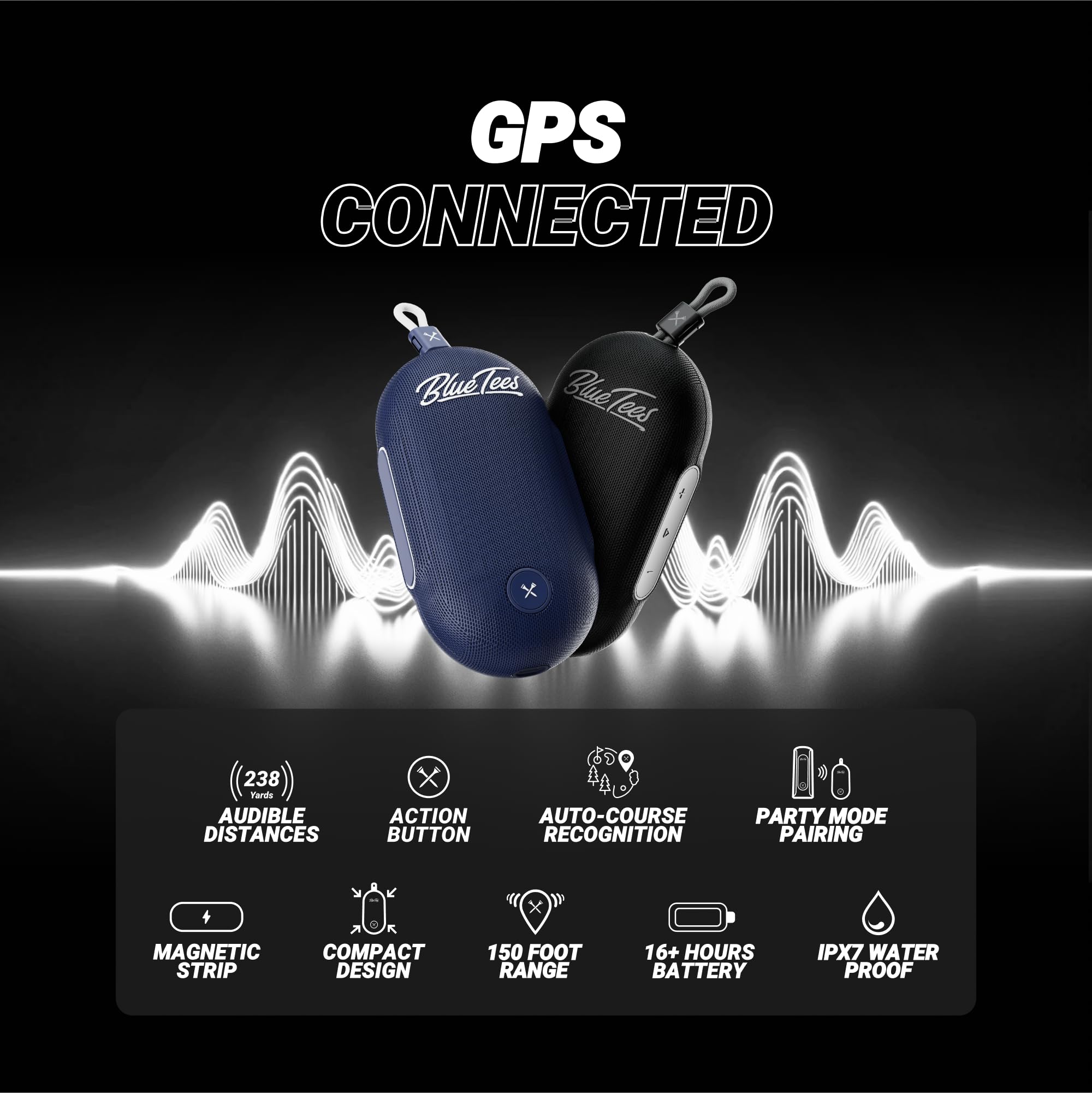 Blue Tees Golf Player Go - Kompakter GPS-Lautsprecher, Bluetooth-Musik & Audible GPS-Entfernungen, automatische Kurserkennung, IPX7 wasserdicht, 40.000+ vorinstallierte Kurse, 16+ Stunden Akku,
