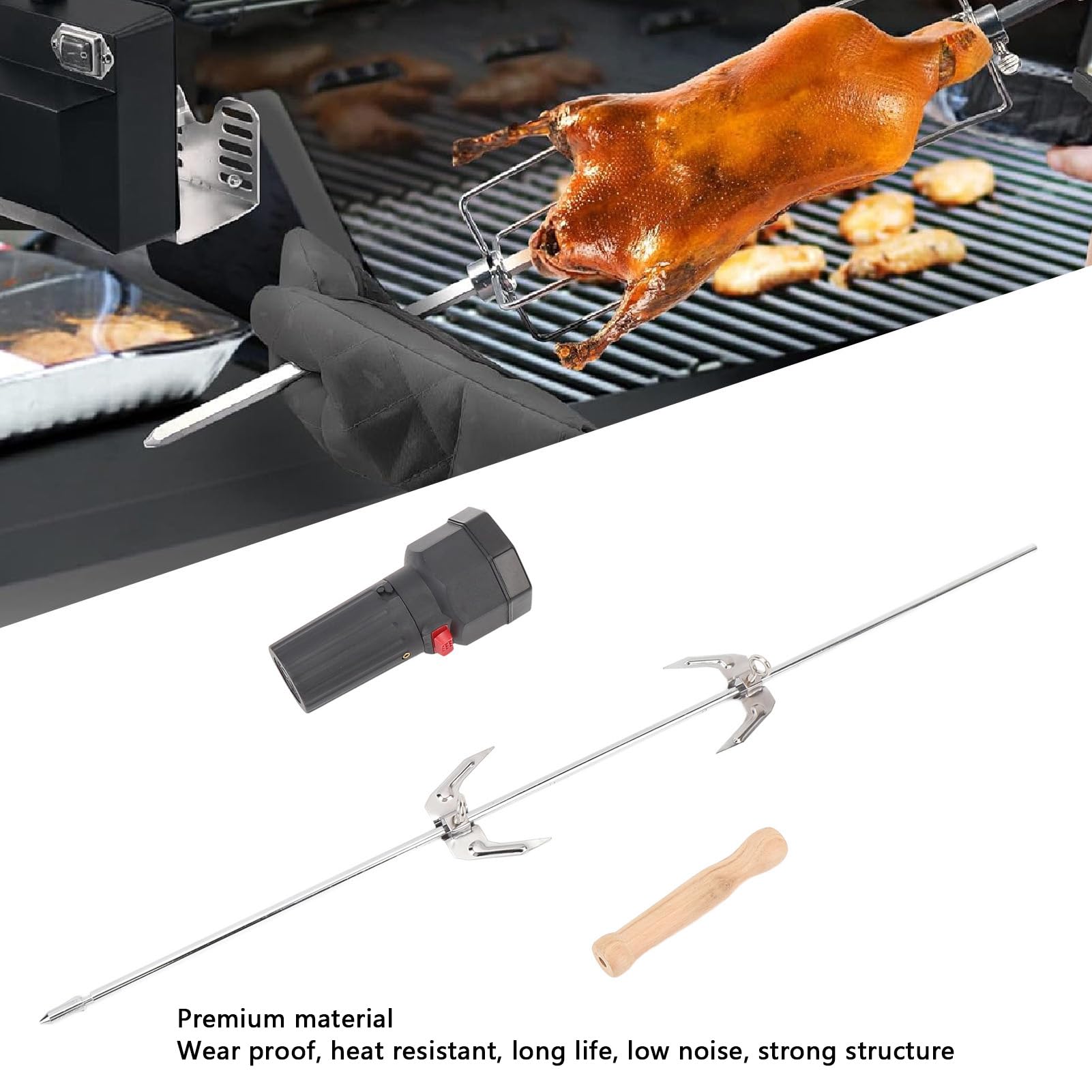 Kit Girarrosto Senza Fili con Motore Potente, per Grigliate e Barbecue | Ferro e cromo, portatile per il campeggio, installazione semplice, richiede batteria 1 D