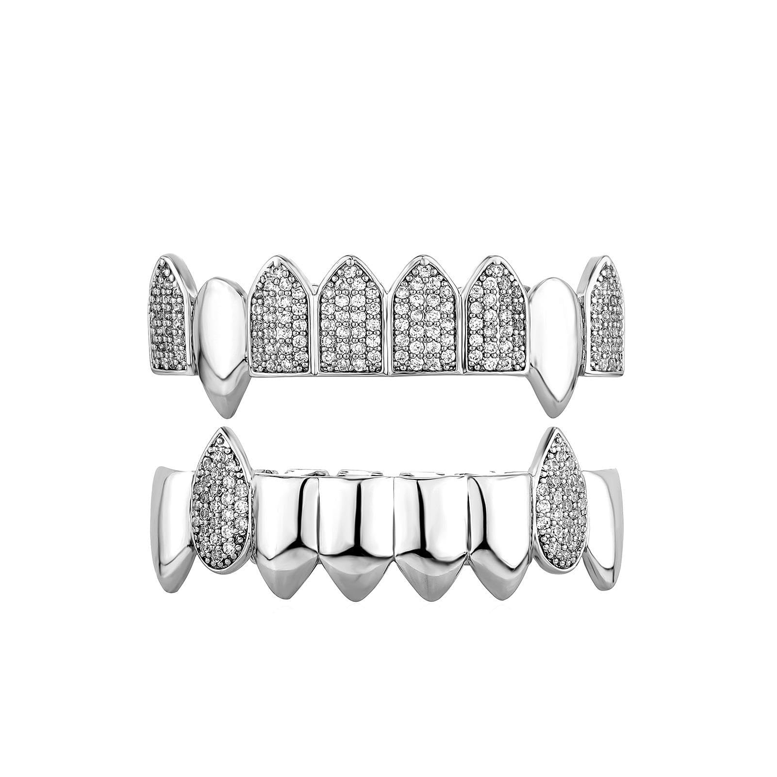 Generic Hip Hop Cosplay Braces Dientes Grillz Halloween Street Rap Fangs Zirconia Gold Plated Iced Out Vampiro Dientes con barras de moldeo extra,Plata