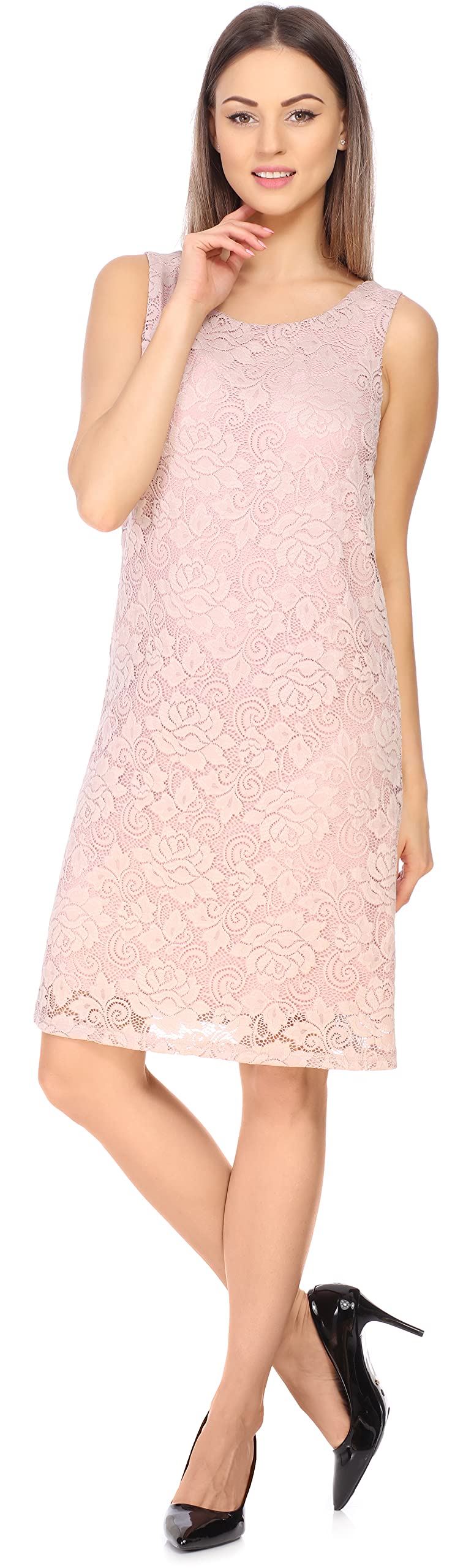 Bellivalini Ladies Dress Knee-Length lace Dress Festive Summer Dress Without Sleeves Rose Pattern Round Neck BLV50-260 (Powder Pink, S) - Image 3