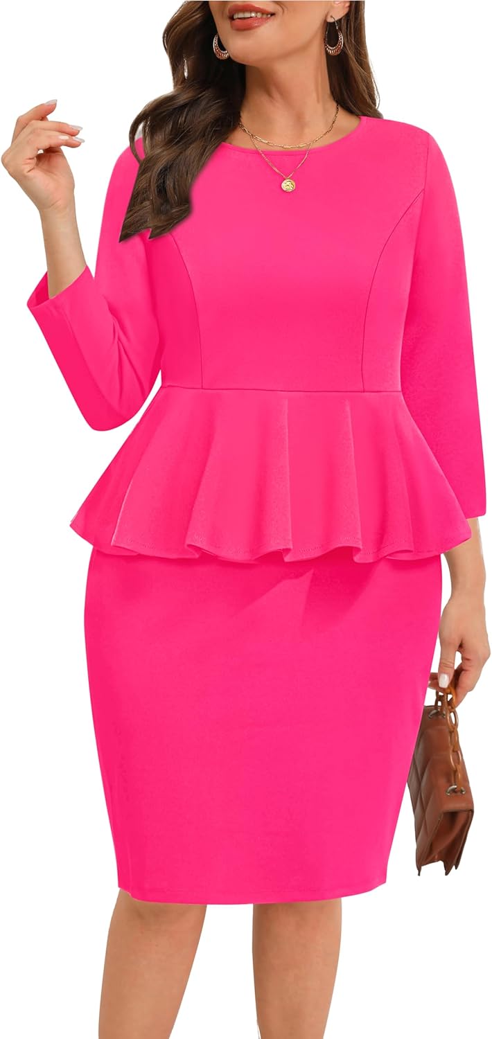 Pinup Fashion Business Dresses for Woman Plus Size - Church Work Office Peplum Pencil Boat Neck Knee Length Dress