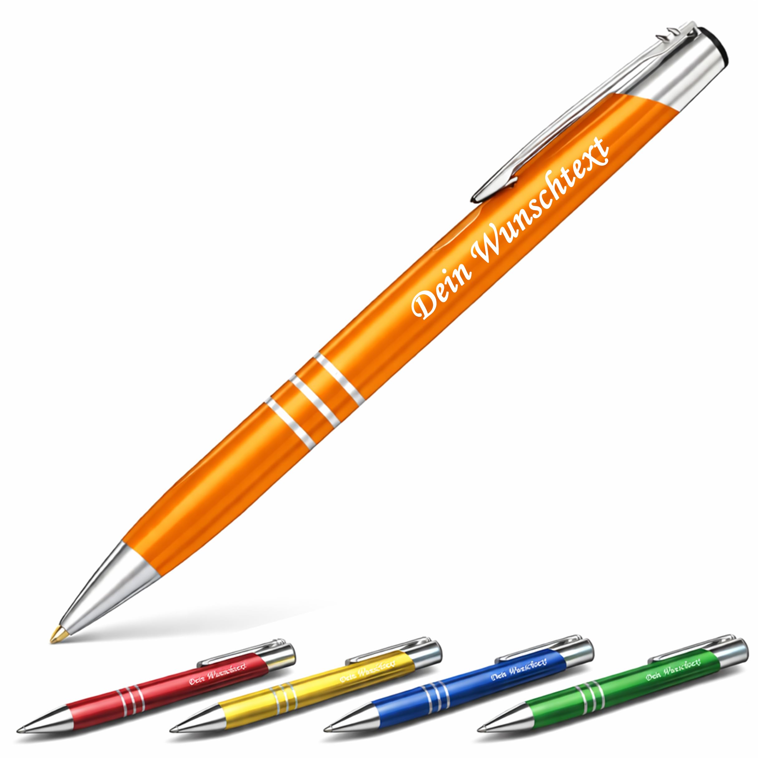 Meinearmbänder Personalisierter Metall Kugelschreiber mit Gravur – Wunschtext oder Firmenlogo – Blauschreibende Mine – Werbegeschenk für Unternehmen, Events, Büro & Schule (100, Orange)