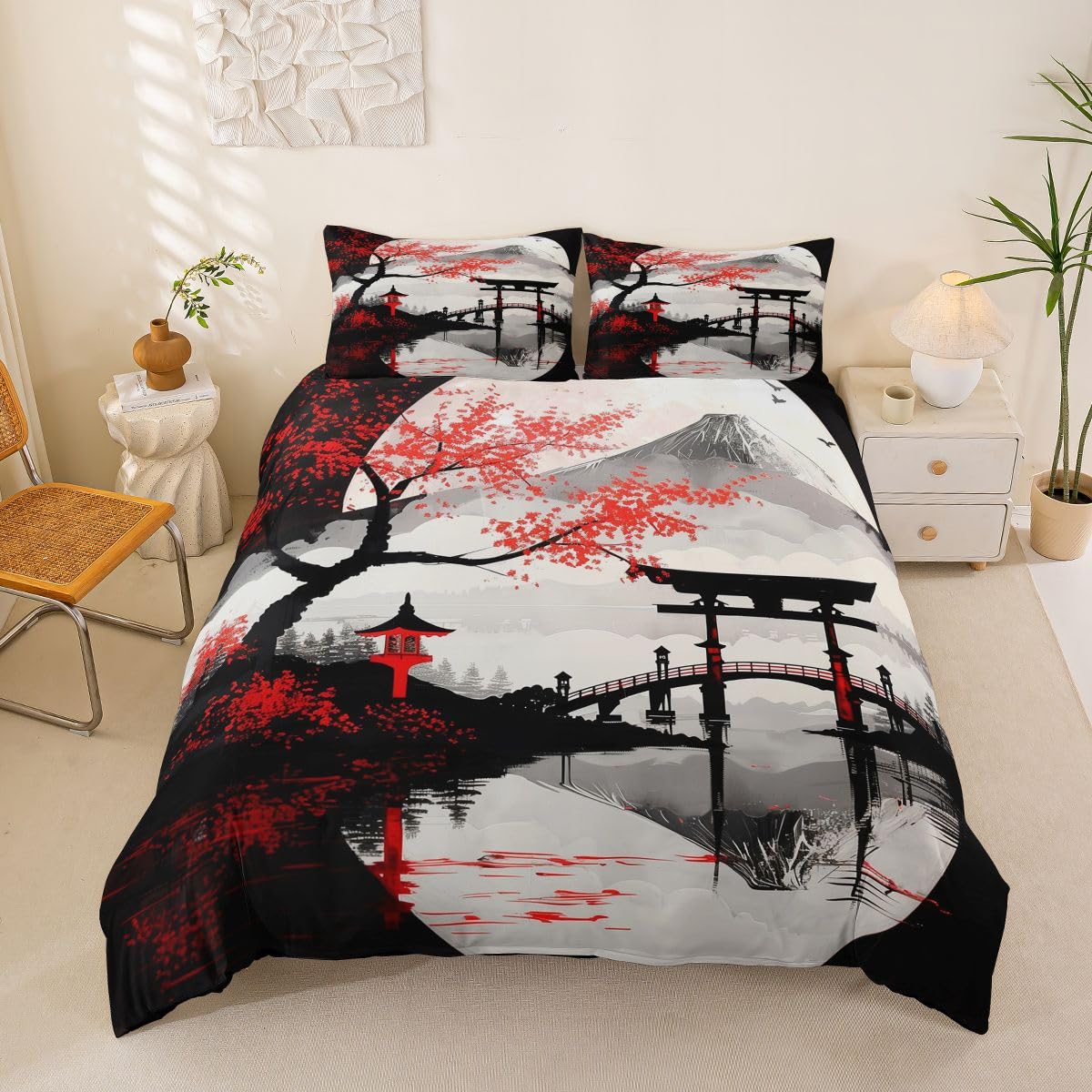 Loussiesd Japan Style Duvet Cover King Size Japanese Ukiyoe Bedding Set for Boys Girls Mount Fuji Pattern Comforter Cover Cherry Blossom Bedroom Decor 3Pcs