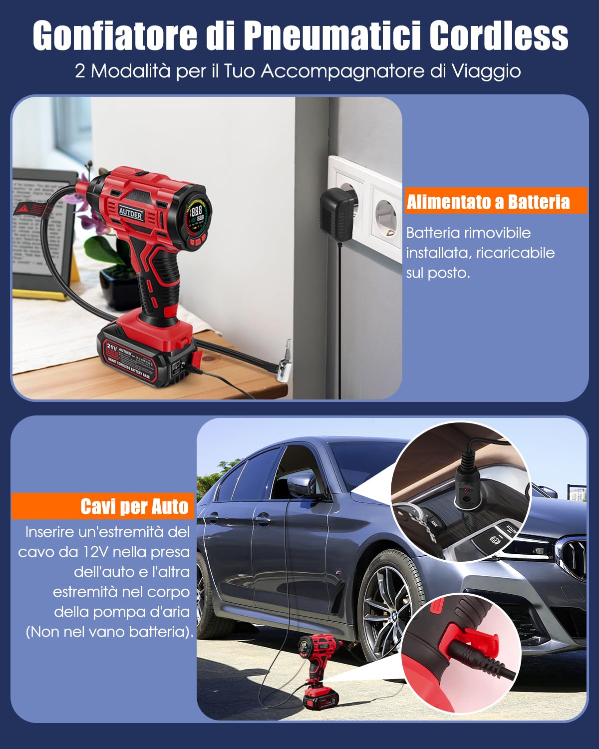 AUTDER Gonfiatore Pneumatici Portatile 180 PSI, Compressore Aria Senza Fili con Batteria Rimovibile 21V e Cavo Auto 12V, Spegnimento Automatico, Display LCD, Luce LED per Auto - Rosso-Nero