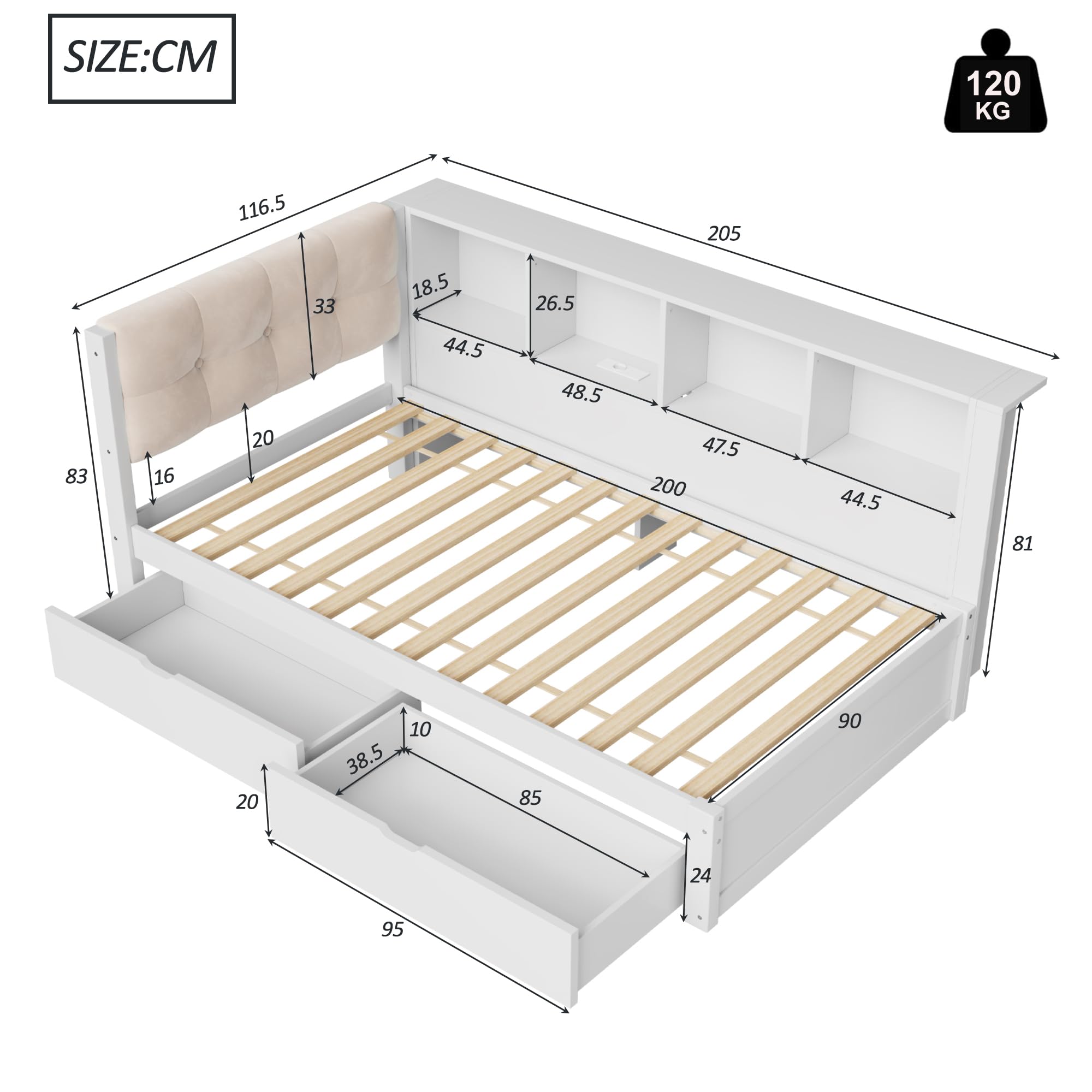 Schlafsofa 90 x 200 cm mit Schubladen, Tagesbett mit Dimmbarer LED-Leiste und USB-Anschluss, Praktischem Regal, Kiefernholz, Weiß (Ohne Matratze)