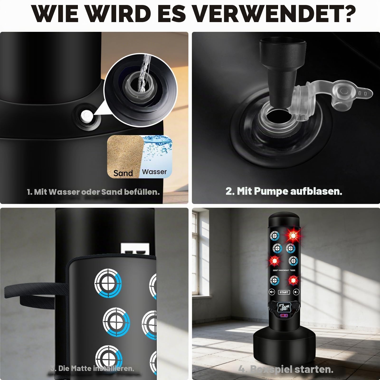 NZQXJXZ Verbesserter Boxsack Stehend mit interaktiver Musikmatte, 175cm Boxsack Erwachsene mit Punktestandanzeige, Licht- und Musikmatte, Kickboxen für Anfänger, MMA-Training