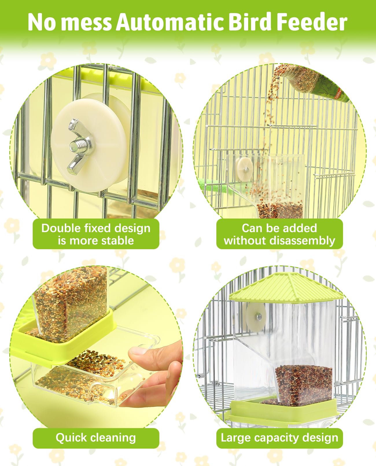 Hamiledyi Mangeoire à oiseaux automatique pour cage à perruches | Lot de 2 accessoires transparents pour cage à perroquet, perruches, pinsons, inséparables, canaris - Vert