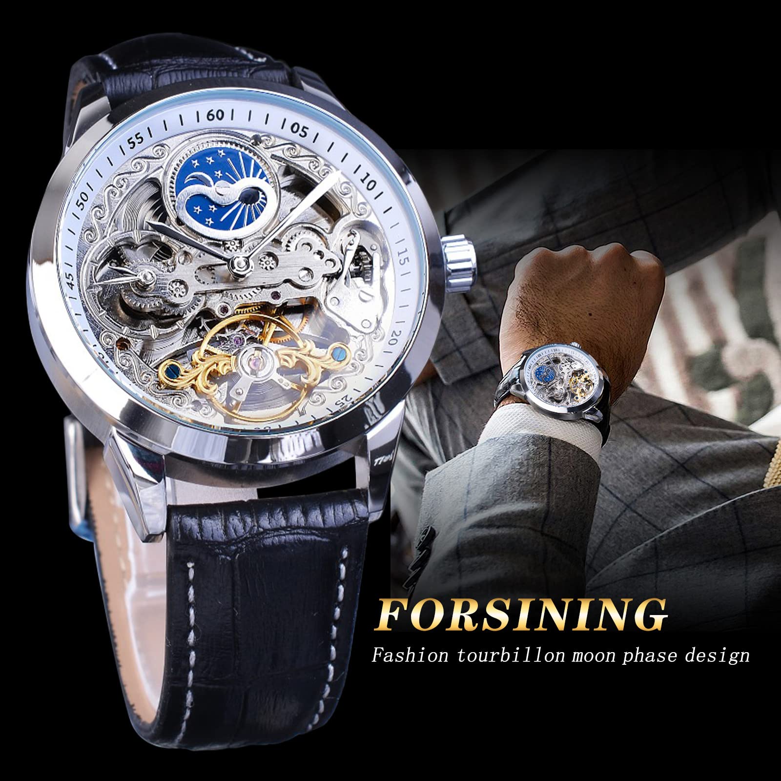 FORSINING Orologio da uomo scheletro fase lunare meccanico auto-vento Tourbillon doppio fuso orario orologi automatico cinturino in pelle di lusso grande quadrante orologio da polso, bianco