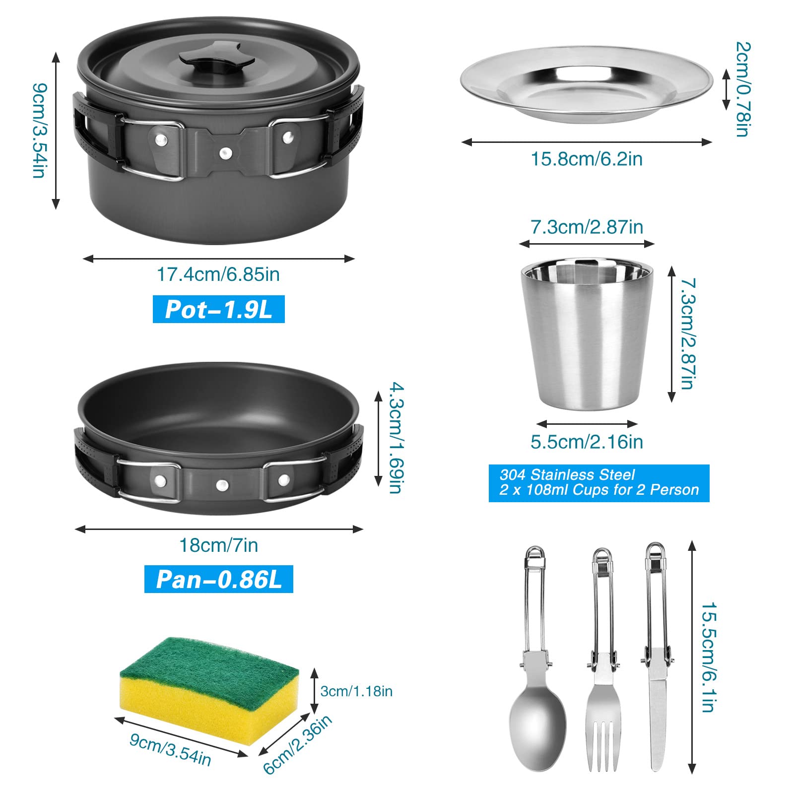 Queta 10-Delige Kookset Camping - Compact Kookgerei Voor 1-2 Personen Outdoor En Kamperen