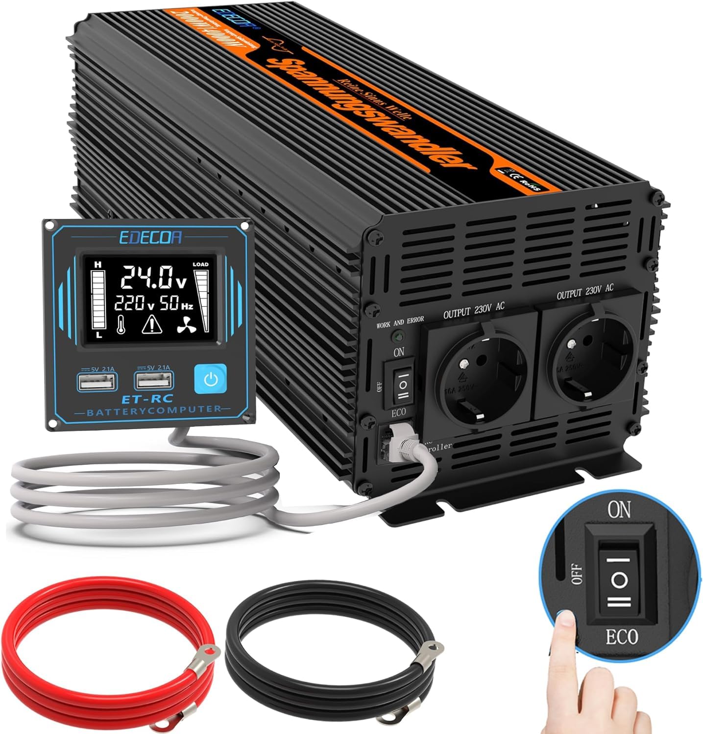 EDECOA Inversor 2000W Onda Pura 24V a 220V/230V | para Camión, Autocaravana y Placas Solares | Mando a Distancia + 2 USB Rápidos | Aislamiento Galvánico | 3ª Generación