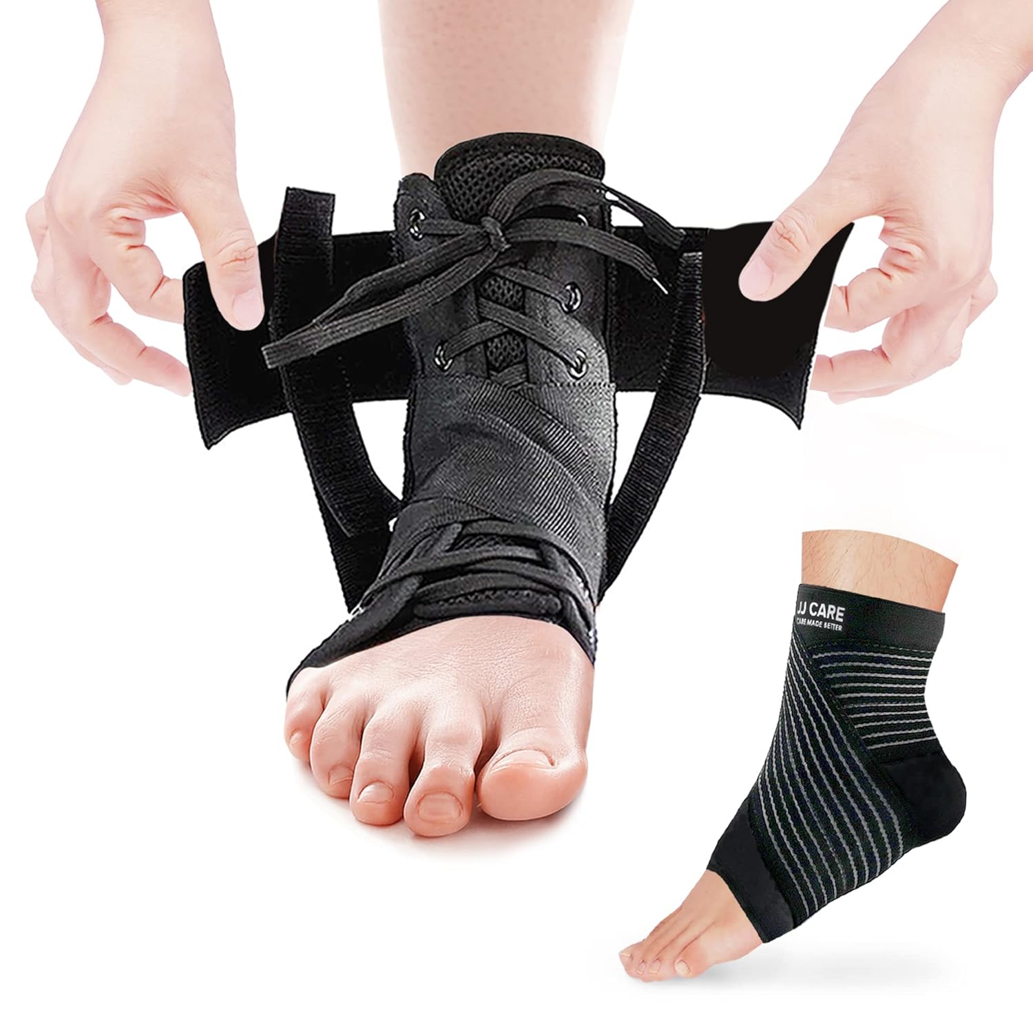 JJ CARE Ankle Stability Brace - Lace Up Adjustable Ankle Brace for Men Sprained Ankle With 2 Compression Sleeves and Straps, Breathable Ankle Braces for Women Support, Sleeping, Sports & Injuries