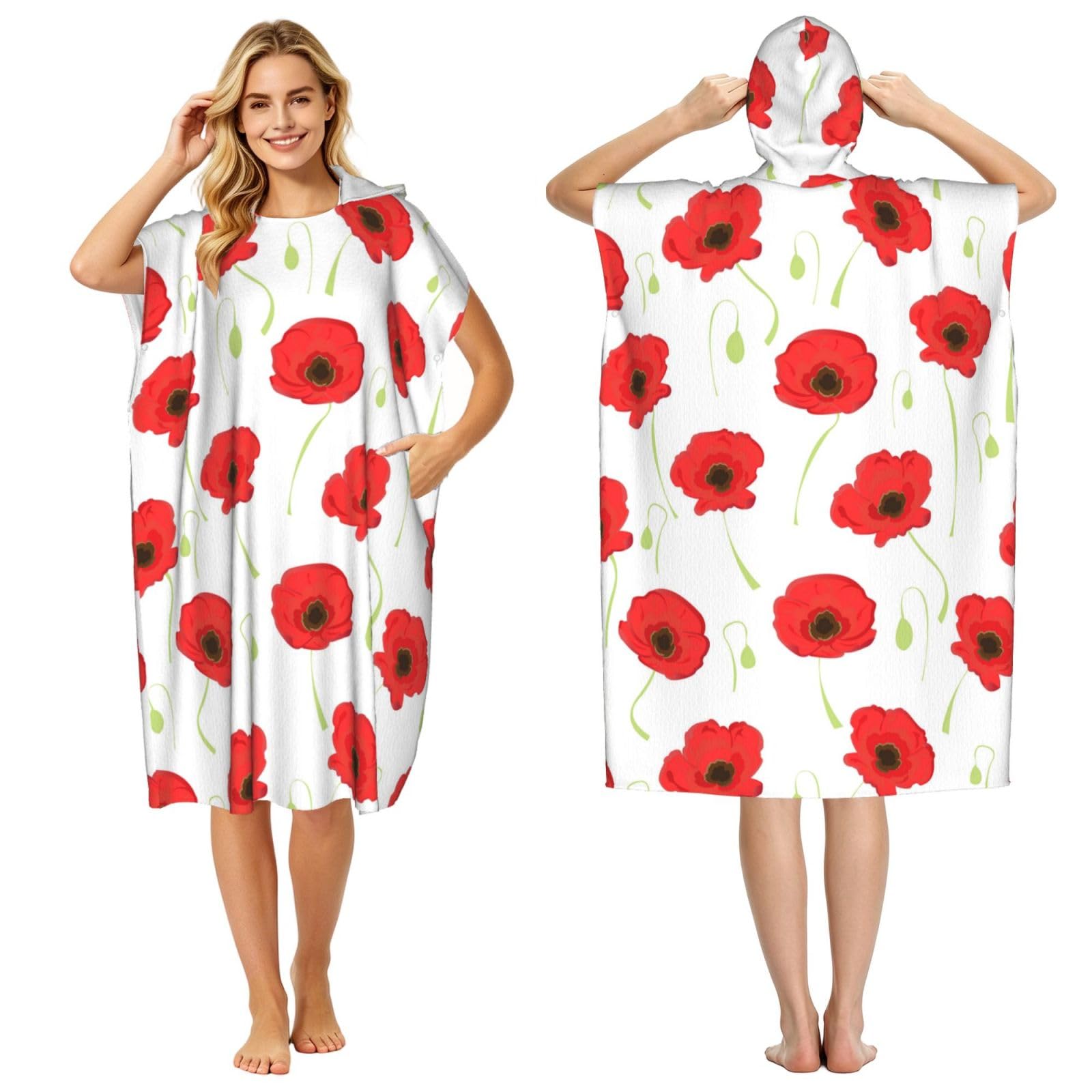 Poadnly Red Petals, Adult Hooded Beach Towel 90 x 110 cm,Changing Bath Robe, Surf Poncho Towel For Women Men