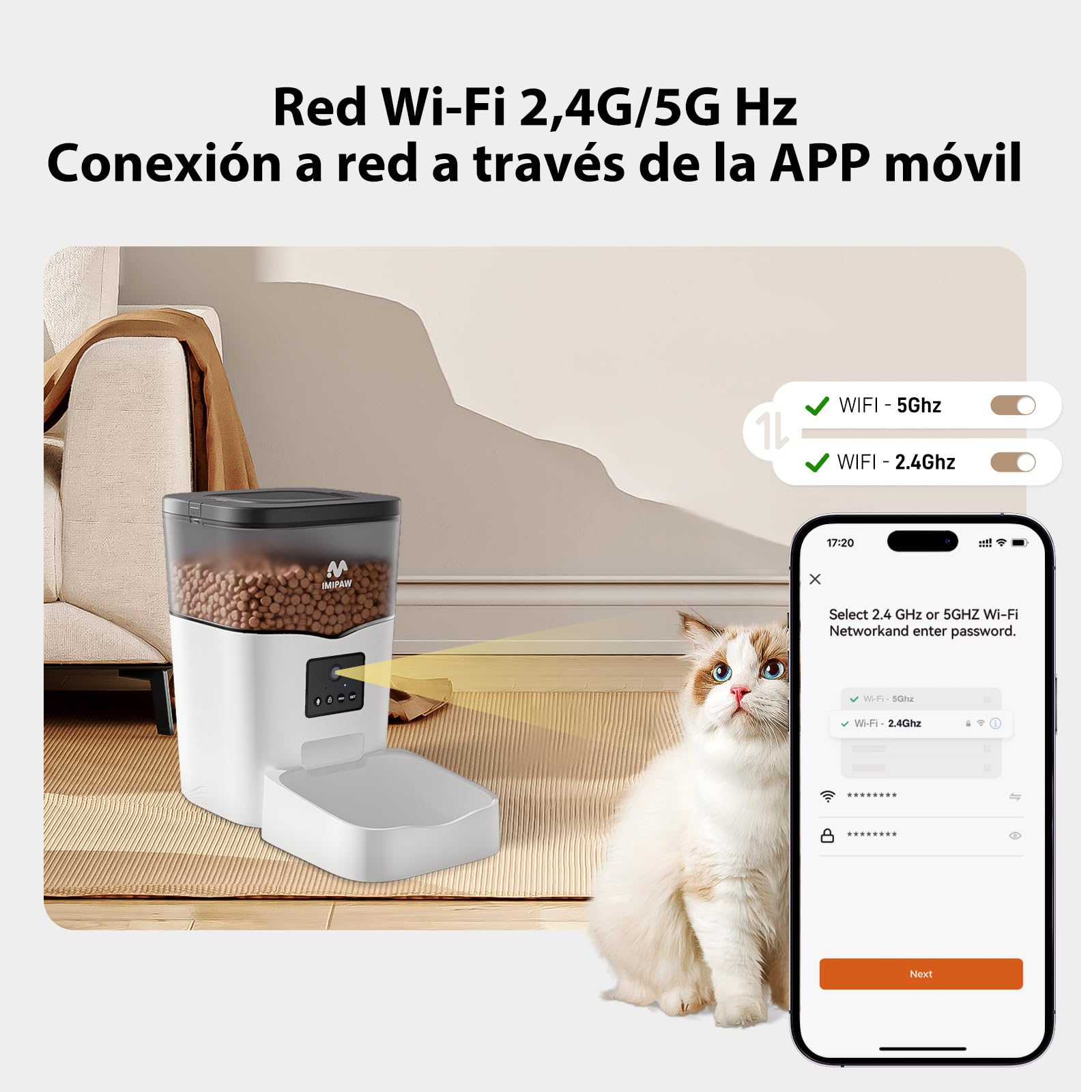 IMIPAW Comedero Gato Automatico con Cámara, 1080P HD, 5G | 2.4G WiFi, App Control Dispensador Automático Inteligente para Gatos y Perros, Audio Bidireccional (Blanco)