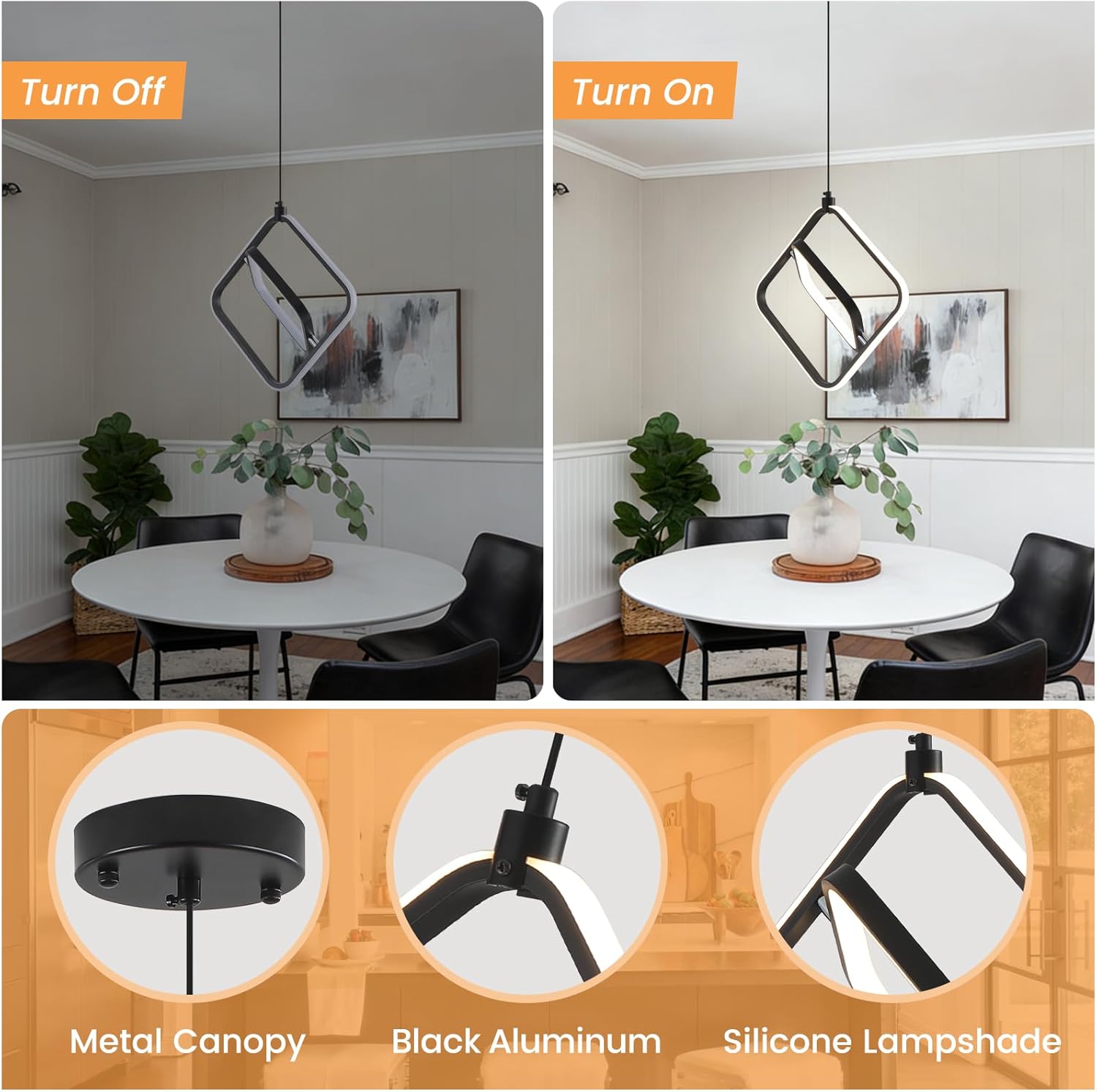 Modern Pendant Lights, LED Pendant Light Fixtures for Kitchen Island, 3000K LED Pendant Lighting for Bedroom, Bathroom, Living Room, Adjustable Height Square Chandelier, 2 Pack