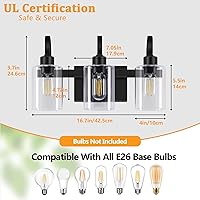 Vista 2 de Lámpara de tocador de baño de 3 luces, lámparas negras sobre el espejo, moderna lámpara de tocador negra con pantalla de vidrio transparente, luces