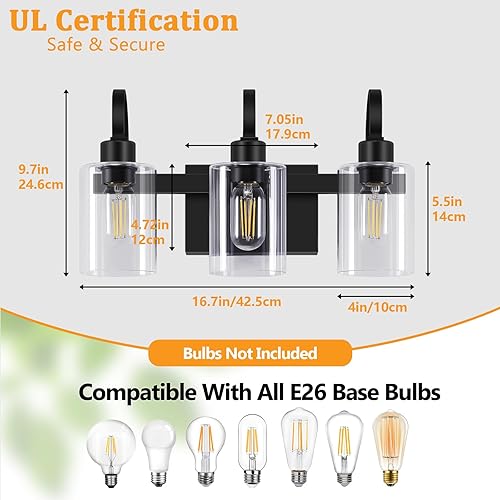 Miniatura 2 de Lámpara de tocador de baño de 3 luces, lámparas negras sobre el espejo, moderna lámpara de tocador negra con pantalla de vidrio transparente, luces