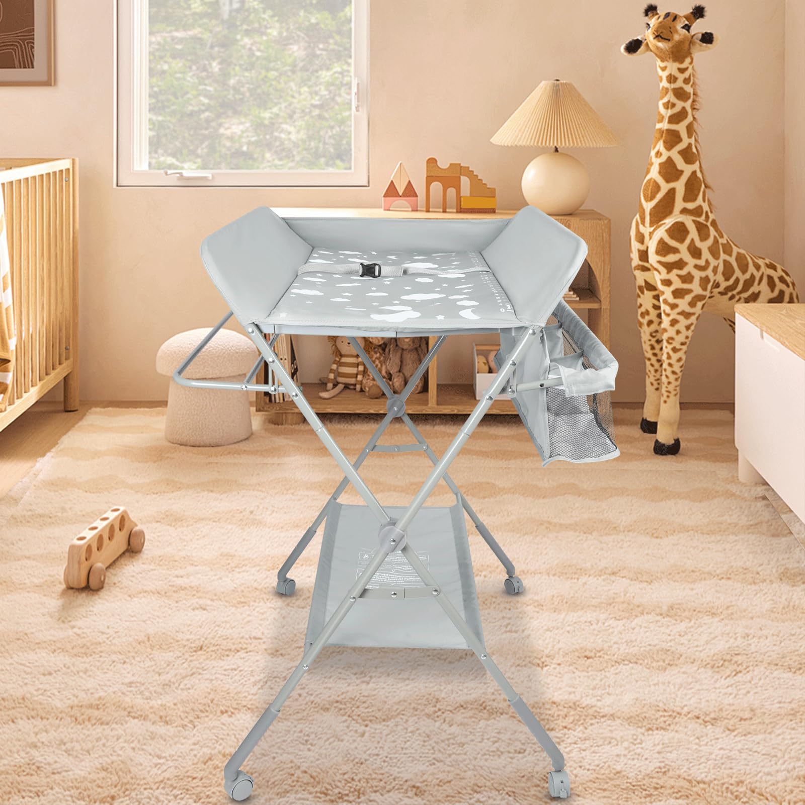 OHMG Table à langer pliante, Pliable et compacte, Table à langer avec panier de rangement, ceinture de sécurité et 4 roues avec frein, Réglable en hauteur