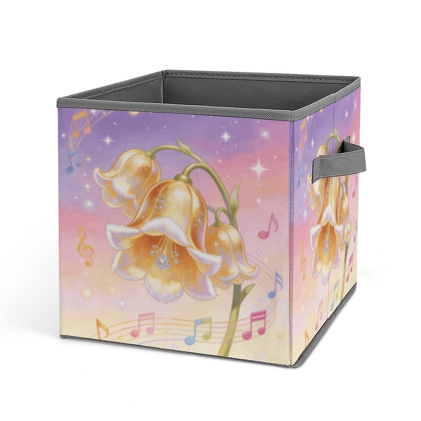 Jingle Bloom Storage Baskets Collapsible, Exquisite Pattern Cube Box, Canvas Fabric Storage Bins with Handles, Clothe Organizer Box for Home Decorative Office Bedroom