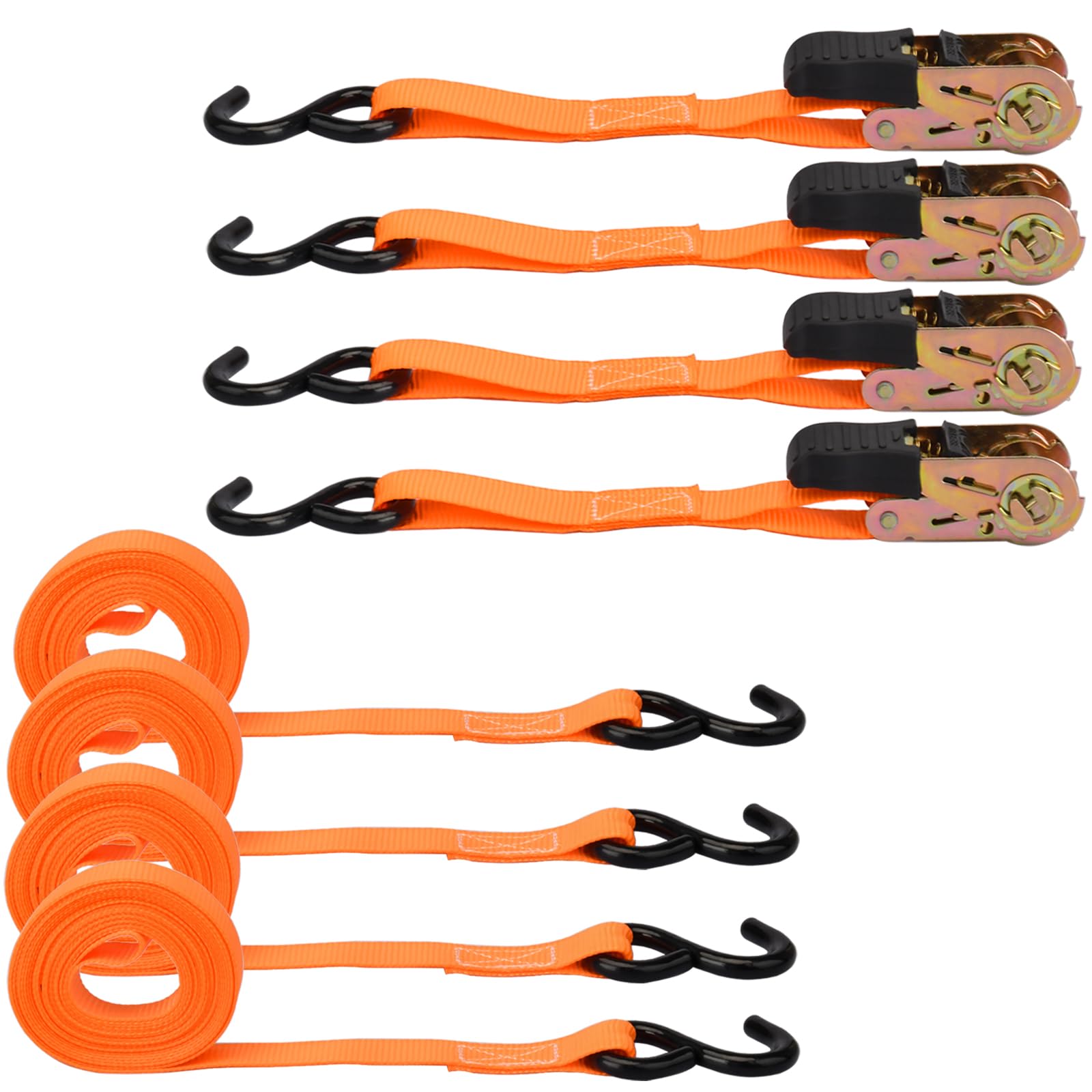 4 x 800 kg Cinghie di Fissaggio a Cricchetto - Cinghia Di Tensione con Gancio a S Rivestito,Lunghezza 5m, Larghezza 25 mm, Fasce a Cricchetto Per il Trasporto di Merci Stazionarie