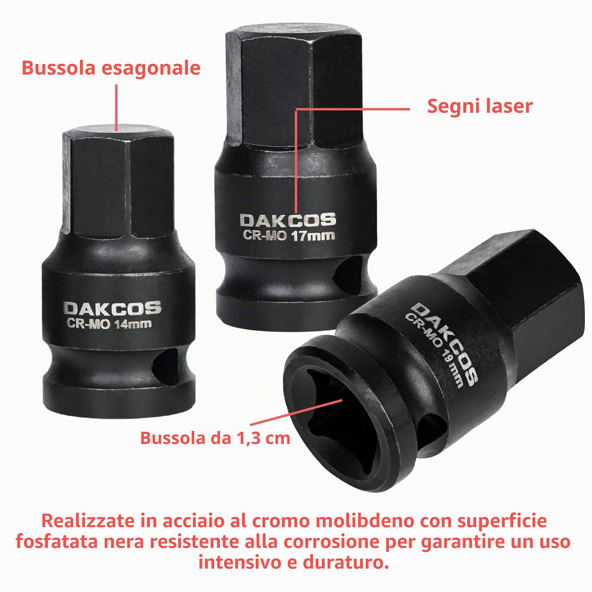 DAKCOS 8 Pezzi Set di Bussole a Impatto,Cinque 1/2" Bussola Poligonali a 12 Punte e Tre 1/2" Manicotto Esagonali Bit