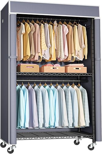 FUTASSI Perchero negro con cubierta gris, armarios con ruedas P1C, perchero de metal para colgar ropa, armario de almacenamiento de ropa, 36.2