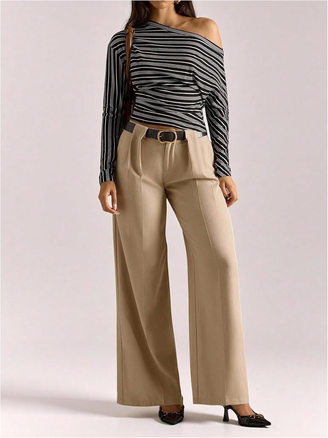 MakeMeChic Women's Striped Off The Shoulder Long Sleeve Tee Shirt Asymmetrical Neck Fall Y2K Crop Tops - Image 3