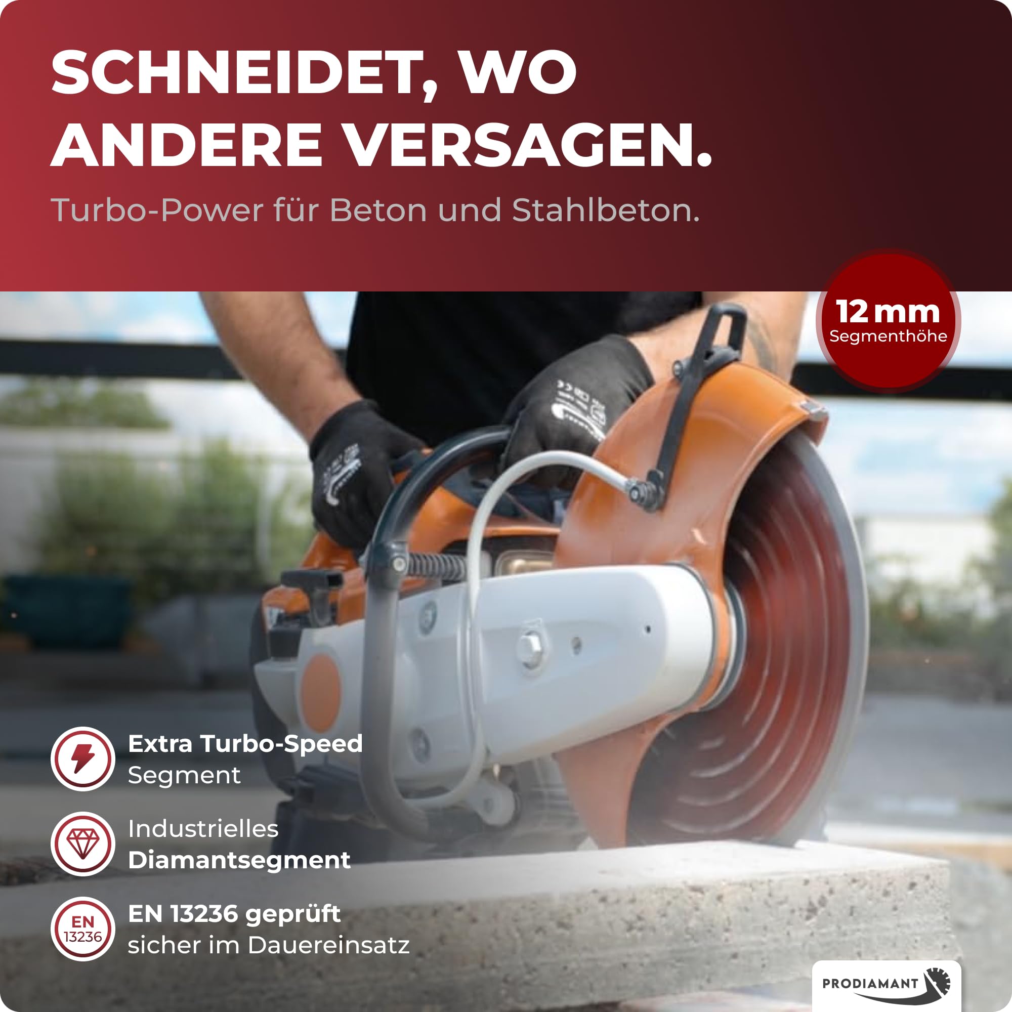 PRODIAMANT Turbo Diamant-Trennscheibe Beton 350mm x 25,4 mm Segmenthöhe 15mm