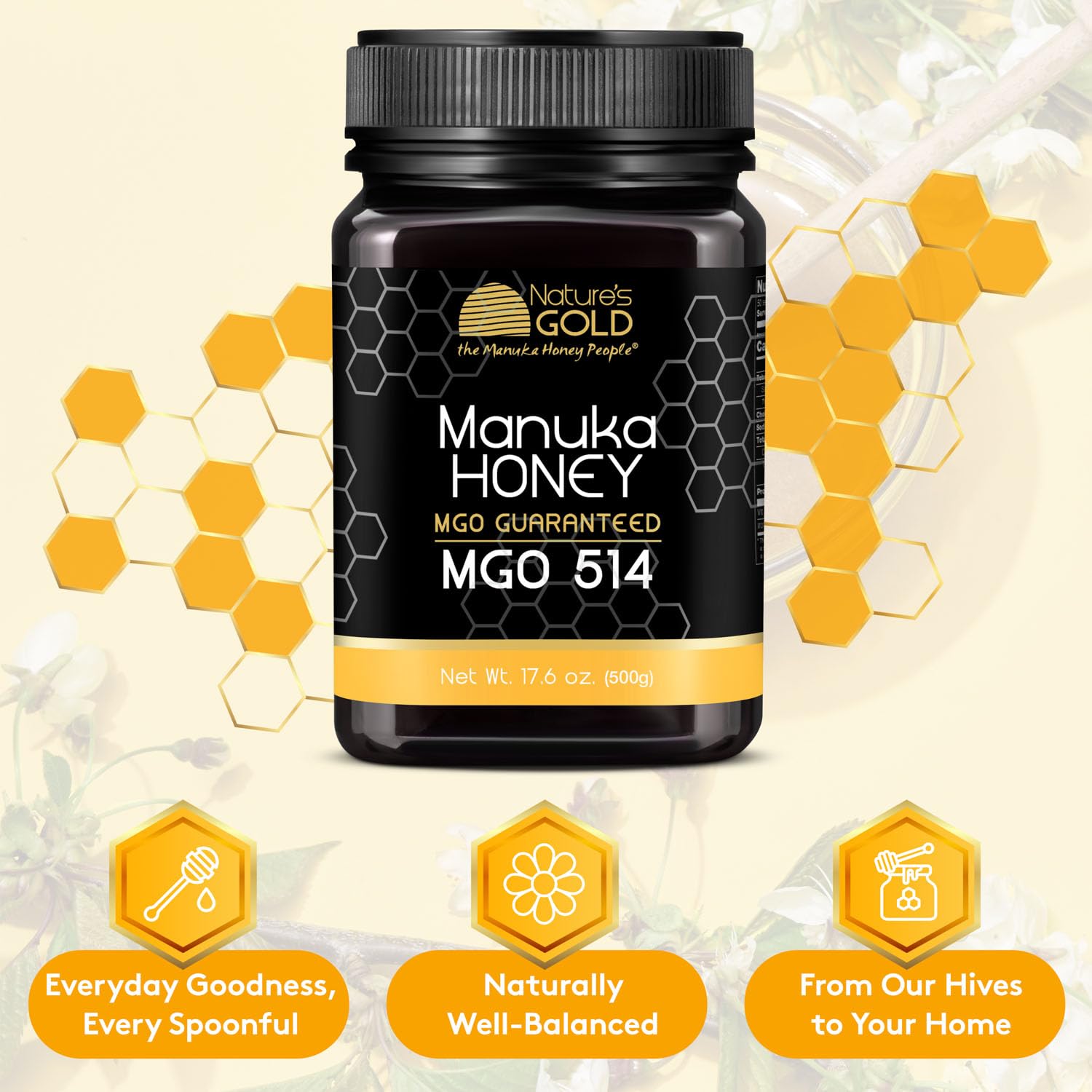 Nature’s Gold Raw Manuka Honey, Certified MGO 514+ | Authentic MGO, Australian Honey, Non-GMO, 100% Pure Genuine Traceable from Hive to Home (17.6oz)