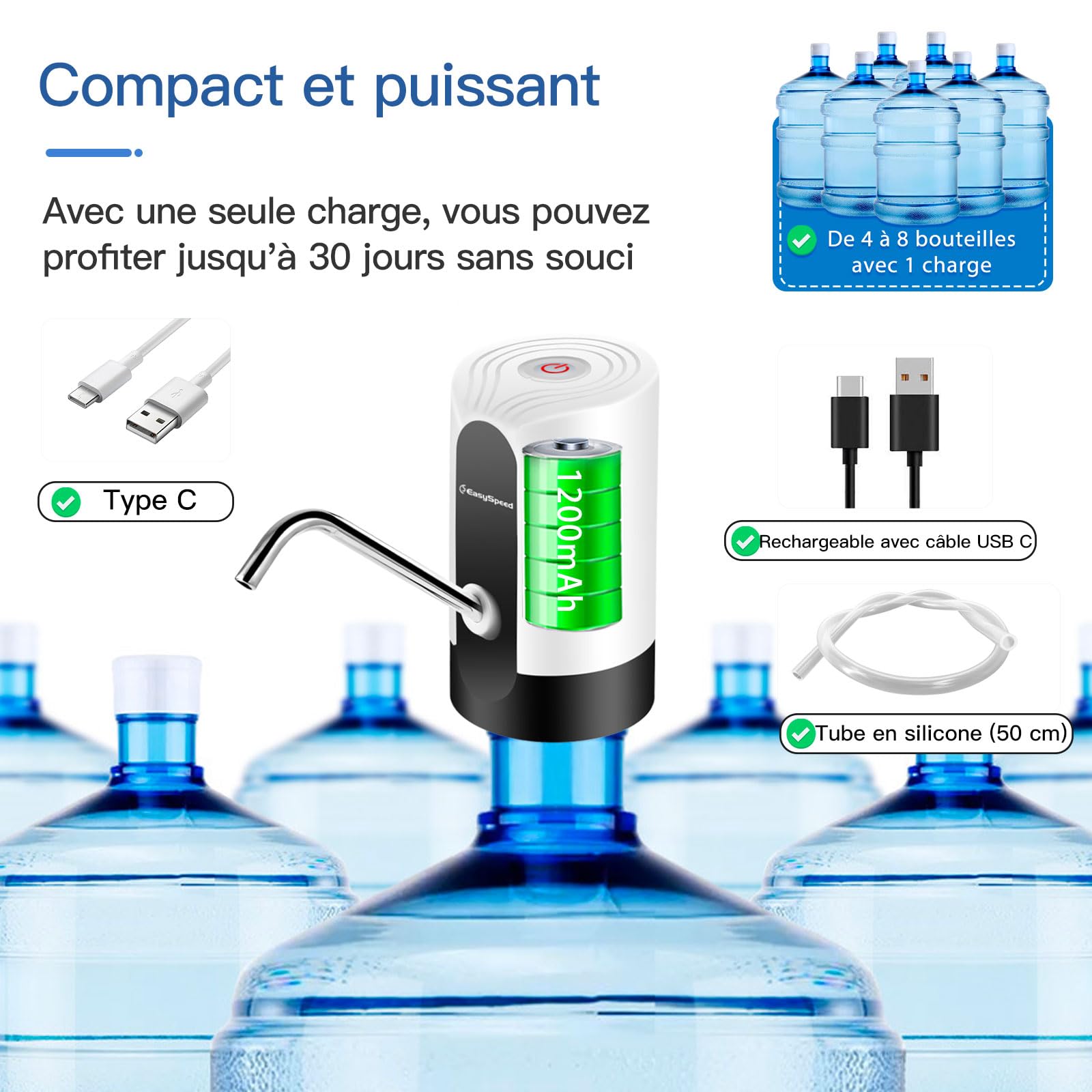 EASYSPEED Distributeur Eau Portable Rechargeable USB avec 2 Adaptateurs, Pompe Automatique pour Camping Maison Bureau Blanc