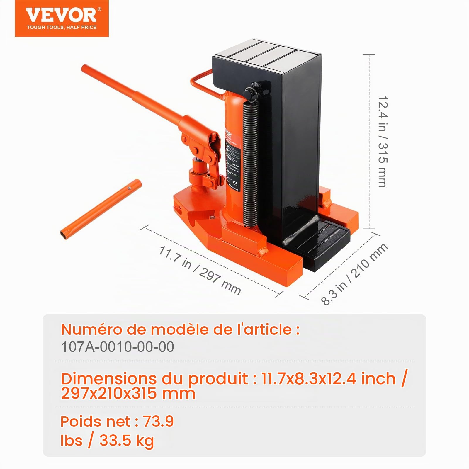 VEVOR Cric à Patte 10 T à la Patte, Cric Hydraulique pour Machines Capacité de Levage 20 T en Haut, Hauteur de la Patte 30-190 mm, Hauteur du Dessus 320-480 mm, pour Levage des Machines, Industrie