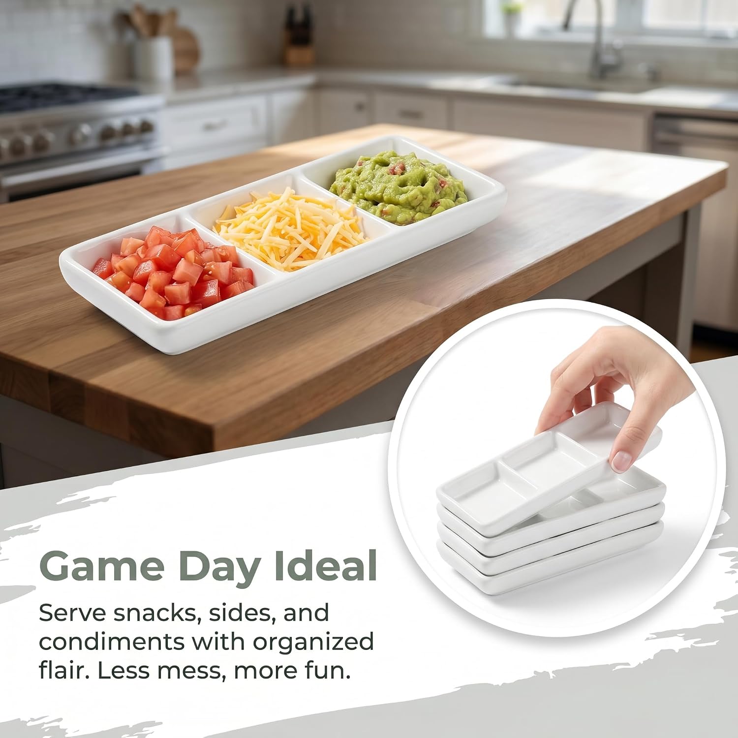 Ceramic Divided Serving Tray 5.8 inch, 4 Pack 3 Compartment Appetizer Tray White Stackable Chip and Dip Serving Dish Condiment Server for Entertaining, Snack Food Dessert, Dishwasher Safe