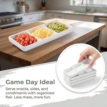 Ceramic Divided Serving Tray 5.8 inch, 4 Pack 3 Compartment Appetizer Tray White Stackable Chip and Dip Serving Dish Condiment Server for Entertaining, Snack Food Dessert, Dishwasher Safe
