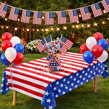 4th of July Decorations Set, Patriotic Party Supplies with American Flag Tablecloth, USA Flag Banner, Handheld Flags and Red White Blue Balloons, Independence Day Memorial Day Veterans Day Party Decor