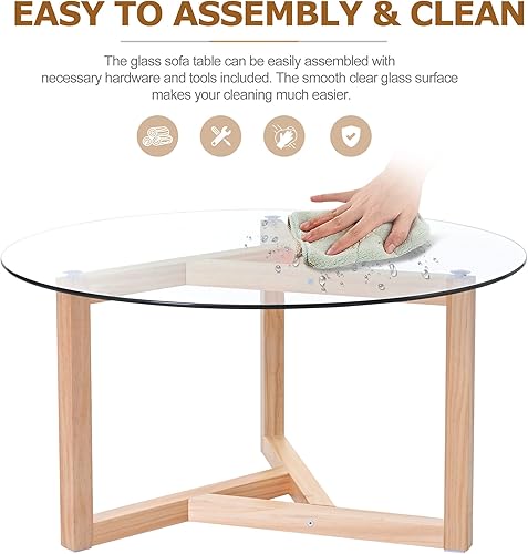 Miniatura 5 de Mesa de centro redonda de cristal, mesa de cóctel moderna, fácil de montar, con parte superior de vidrio templado y base de madera resistente,